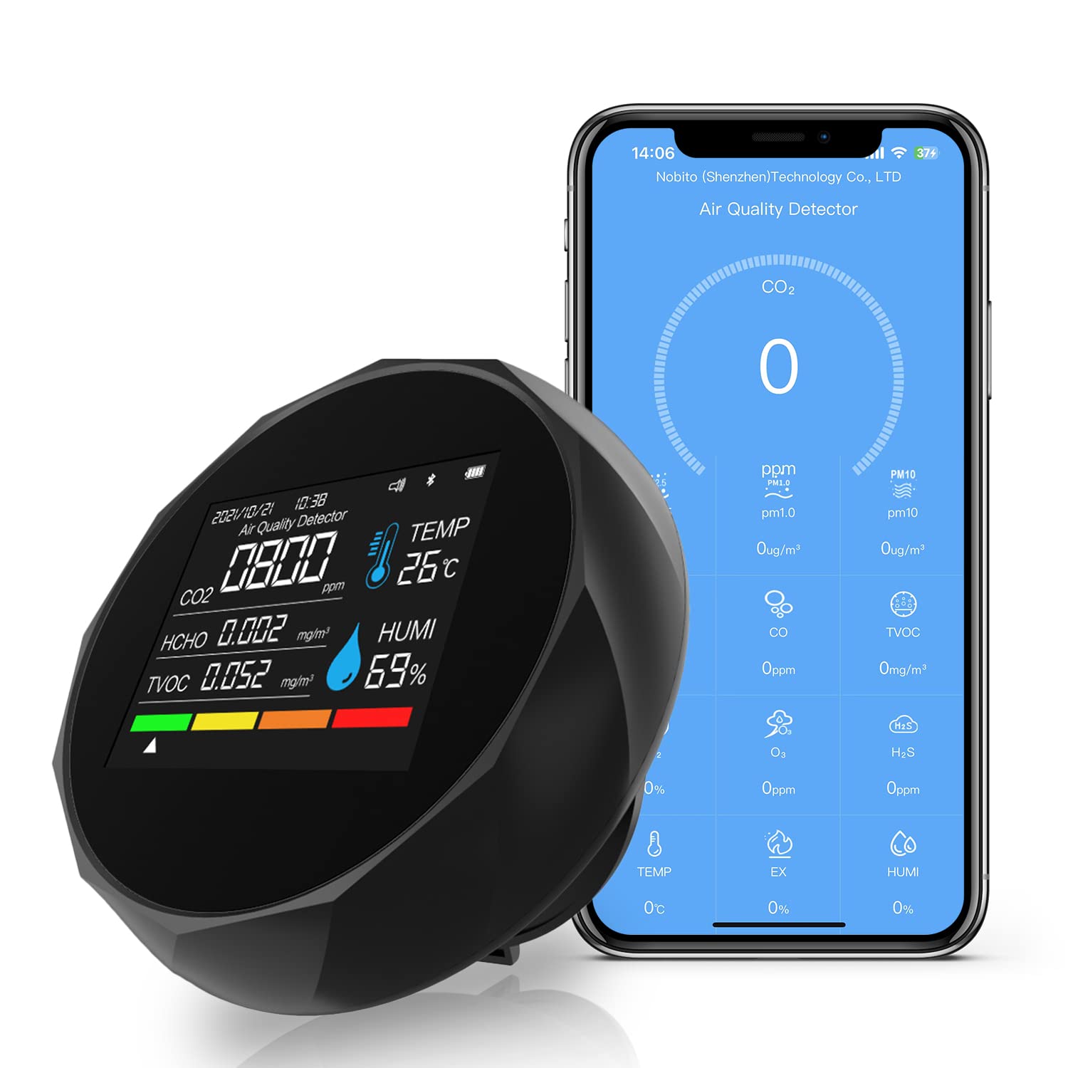Mini detektor CO2 formaldehydu 5 w 1 jakość powietrza w pomieszczeniach temperatura wilgotność HCHO TVOC połączenie z aplikacją na smartfon