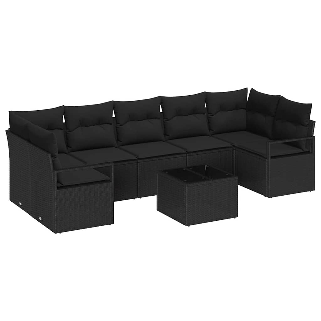 Zestaw Sof na Ogród 8 pcs Czarny Polirattan, stal i szkło