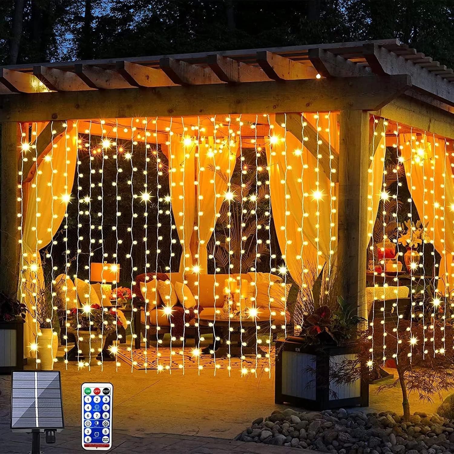 Zewnętrzne, wodoodporne, solarne lampy kurtynowe, 3 x 3 m, 300 diod LED, kaskadowe, z pilotem, do użytku wewnątrz pomieszczeń (ciepła biel)