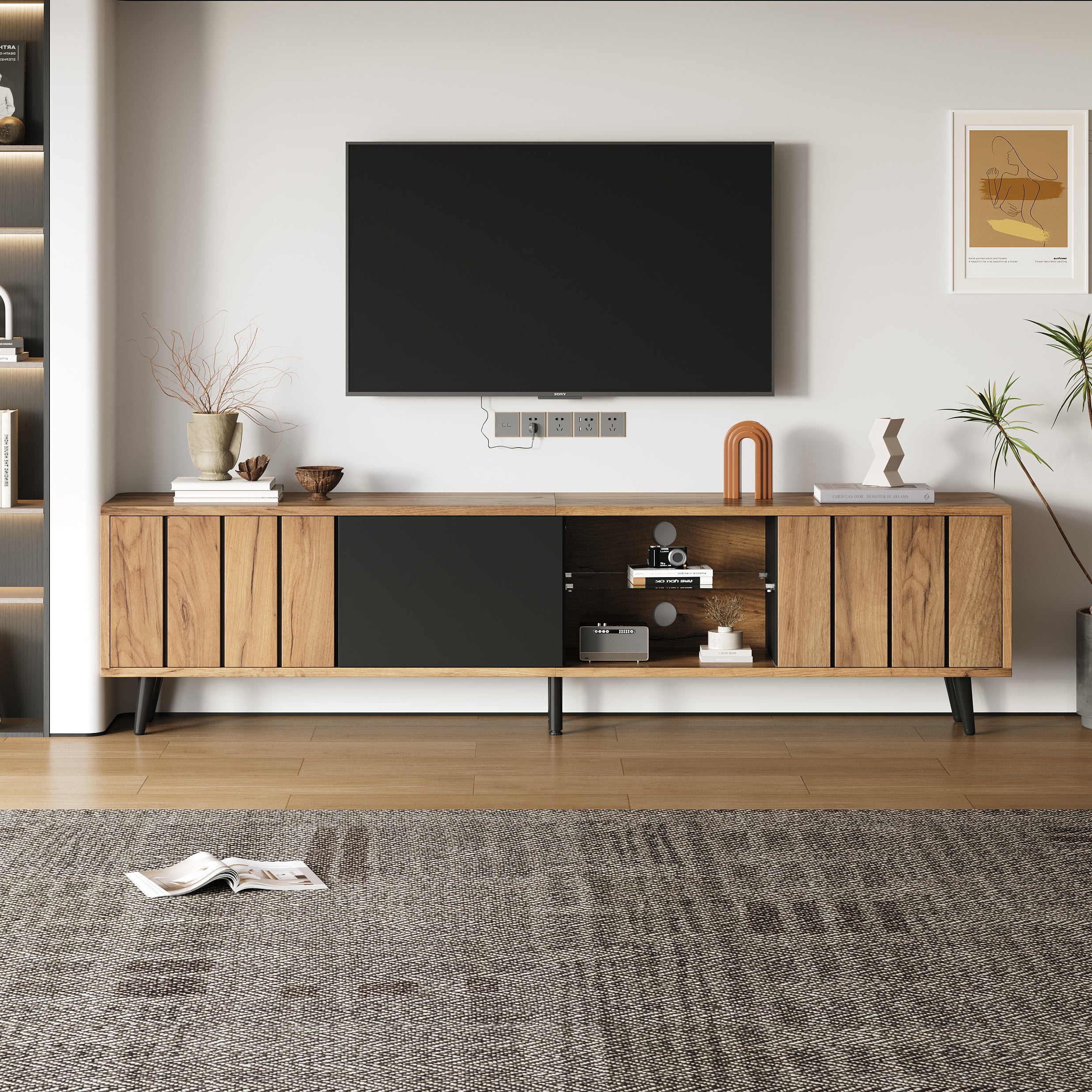 Szafa pod TV 175x31,5x45 cm - 3 drzwi - Pasuje do telewizora 75 cali - naturalny + czarny