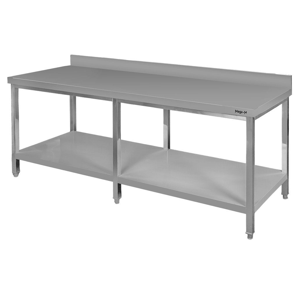 Stół gastronomiczny ze stali nierdzewnej Mega-M przyścienny z półką i 6 nogami 220x80x85cm