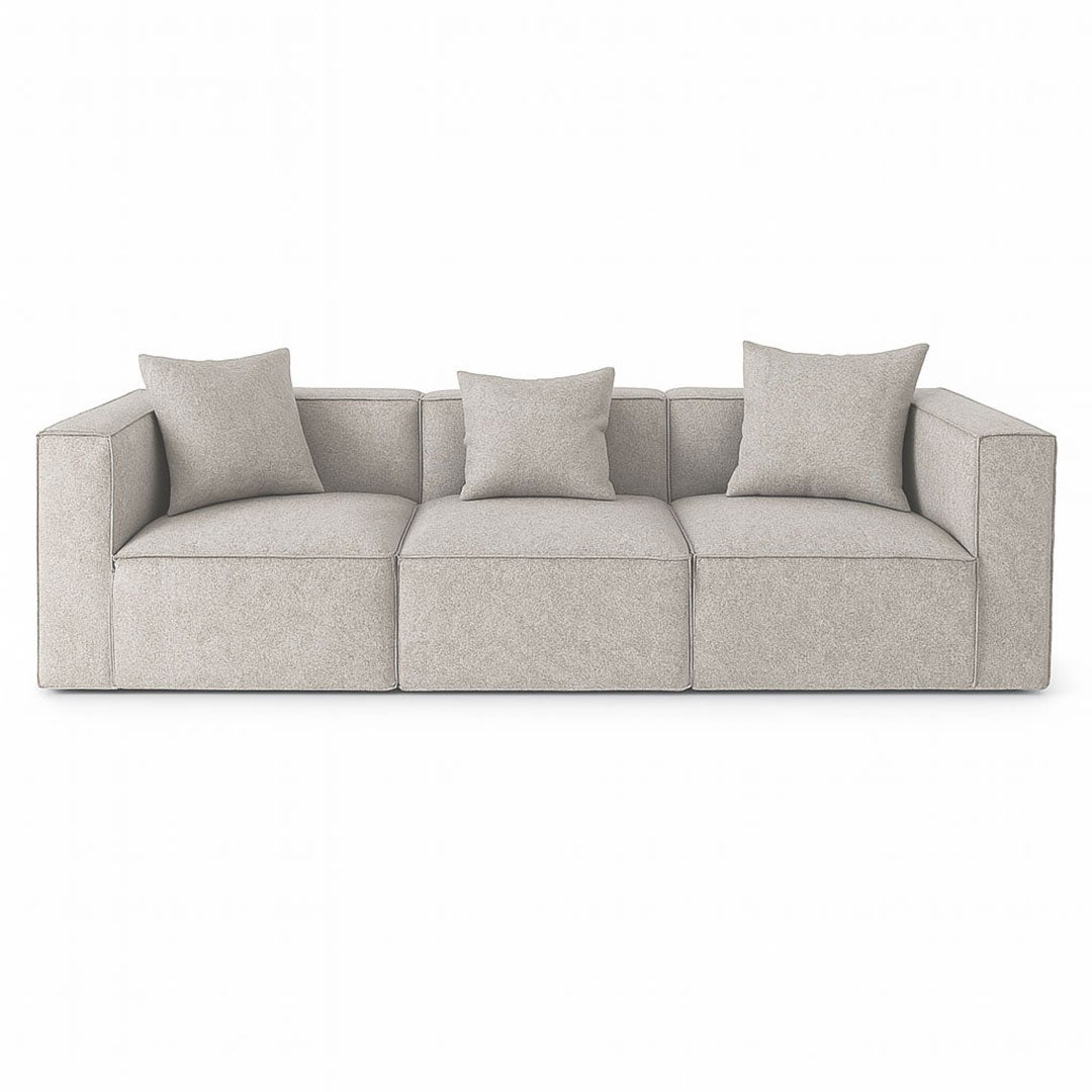 Box sofa 3-osobowa, 3 poduszki ozdobne jasnoszare.