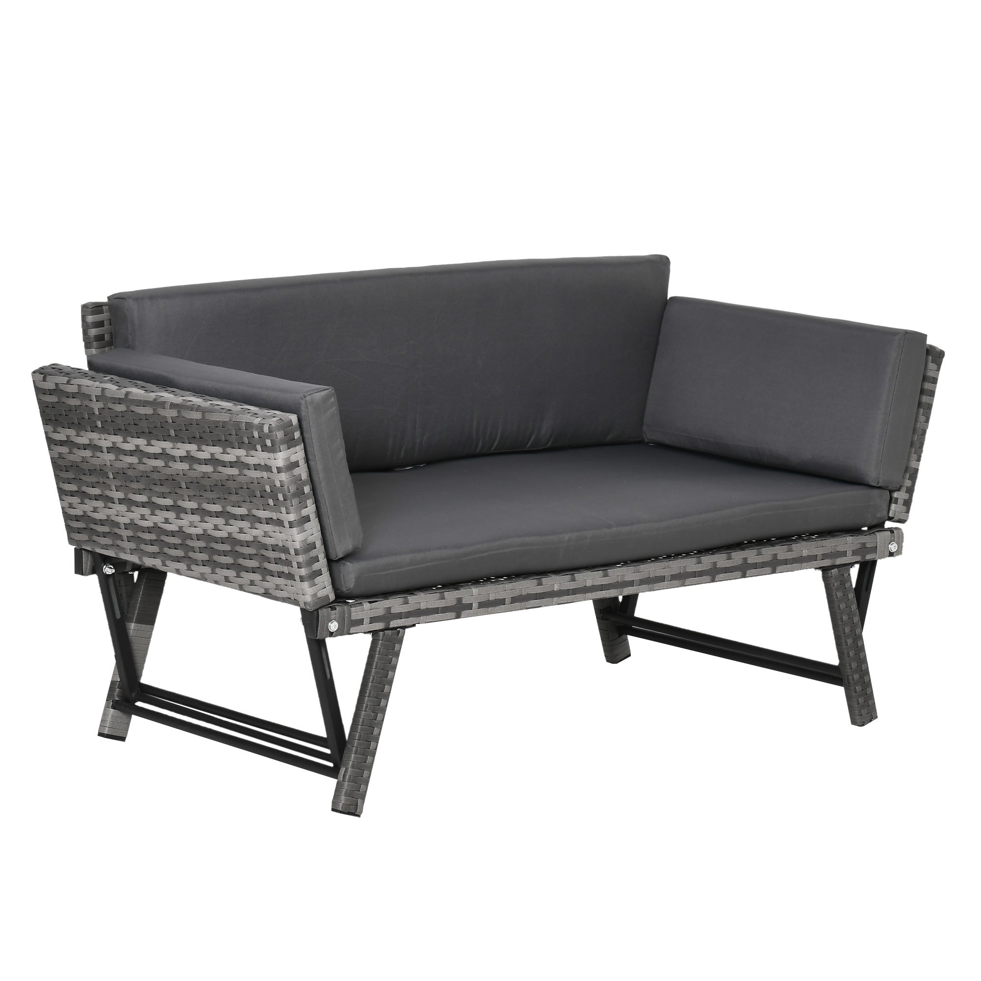 Dwuosobowa sofa ogrodowa z rattanu z tapicerką i składanymi podłokietnikami, 129 x 63 x 67 cm, kolor szary