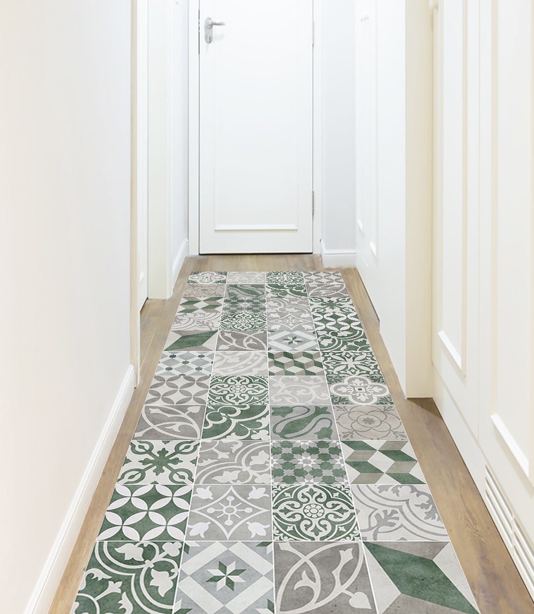 Dywan winylowy antique zielony 66x250 cm - antypoślizgowy PVC, winylowy do kuchni lub salonu, zmywalny, styl hydrauliczny