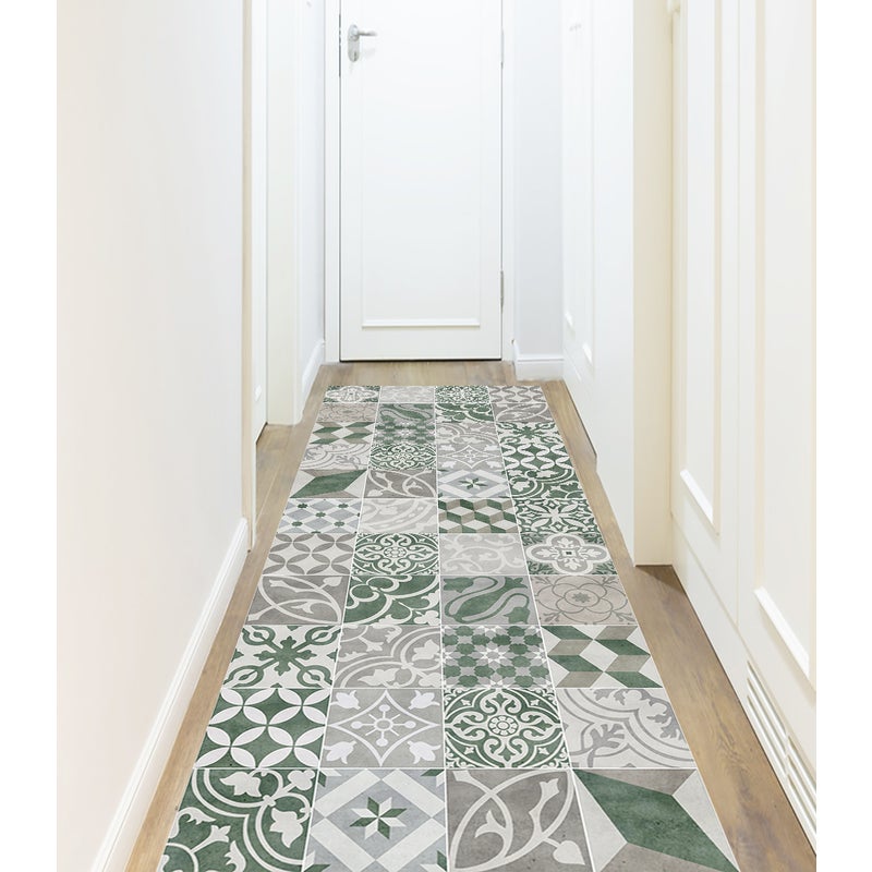 Dywan winylowy antique zielony 66x250 cm - antypoślizgowy PVC, winylowy do kuchni lub salonu, zmywalny, styl hydrauliczny