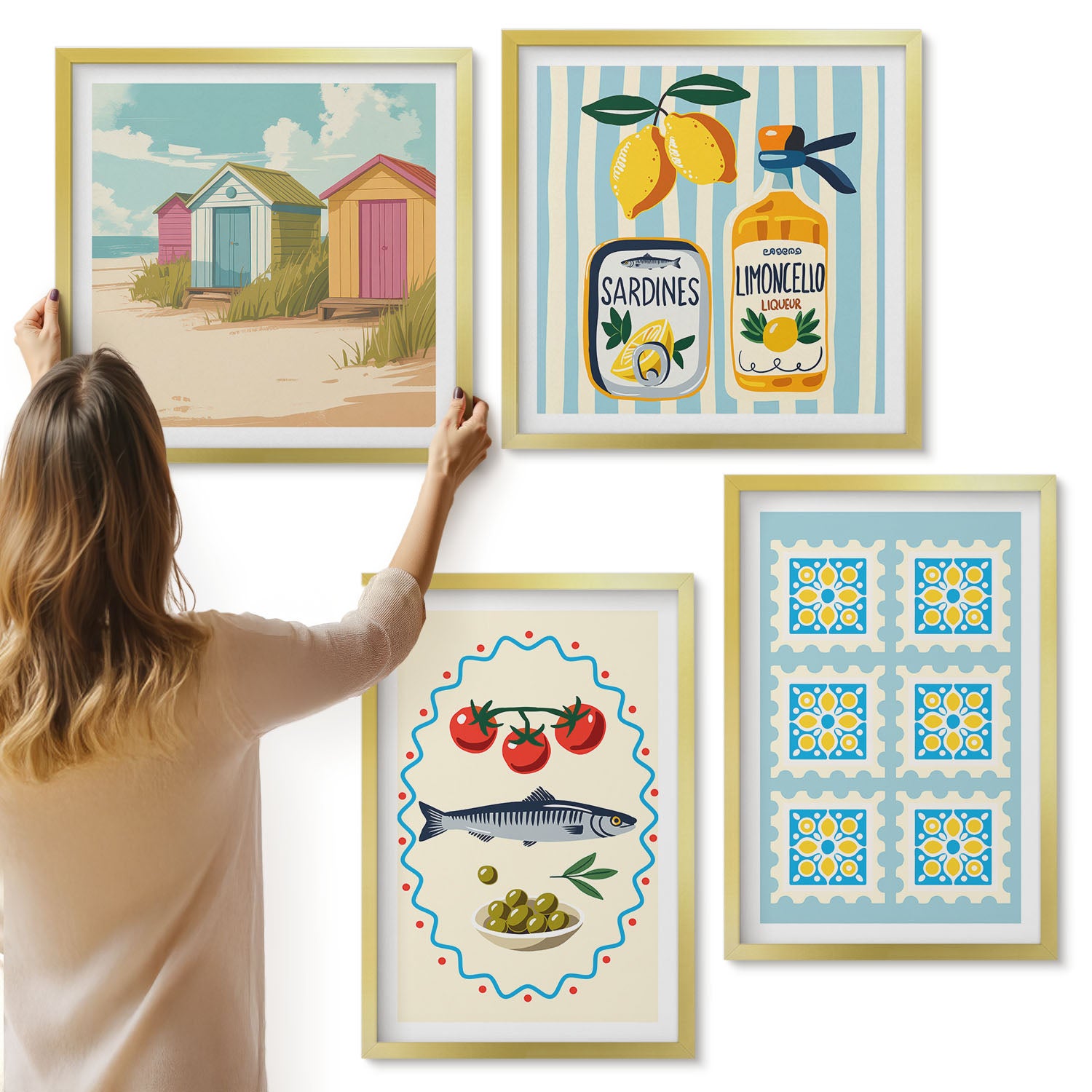 Galeria ścienna 4-częściowy komplet obrazów w złotych ramach - Ilustracje kuchenne w śródziemnomorskim stylu - ArtPrintCave