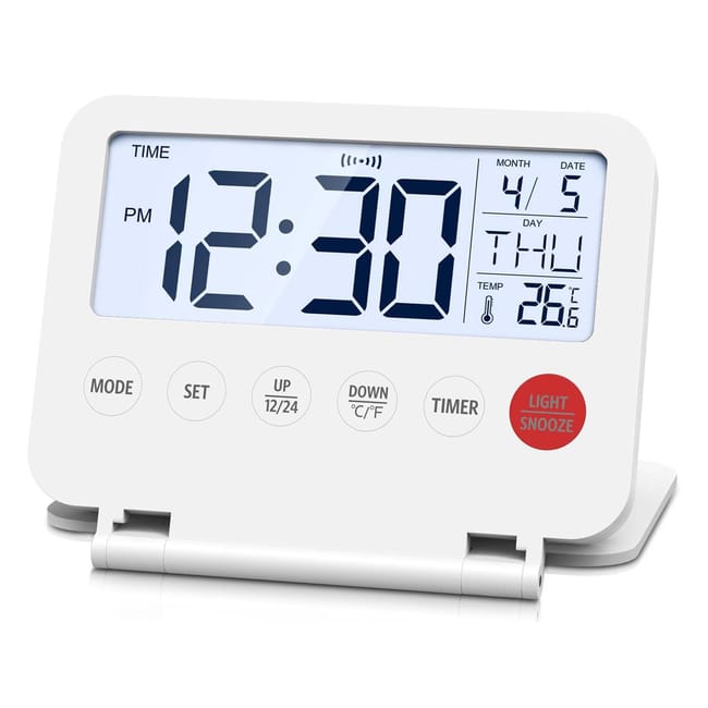 Miniaturowy, składany cyfrowy budzik podróżny z podświetlanym wyświetlaczem LCD, termometrem, funkcją drzemki, wyświetlaczem daty i godziny, do użytku