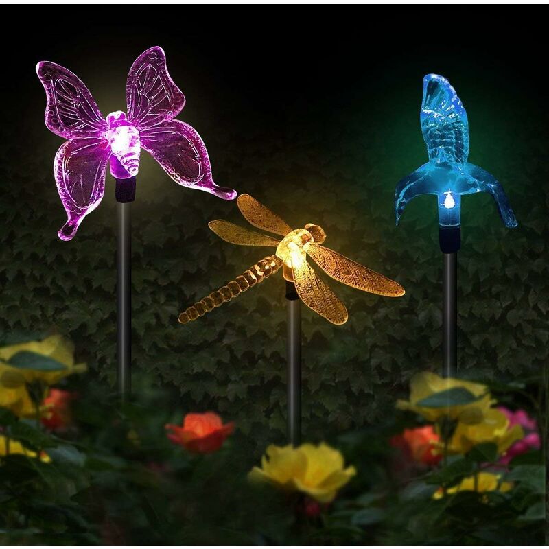 3 sztuki lamp ogrodowych solarnych, wielokolorowe diody LED zmieniające kształty motyli, kolibra, ważki, dekoracja imprezowa