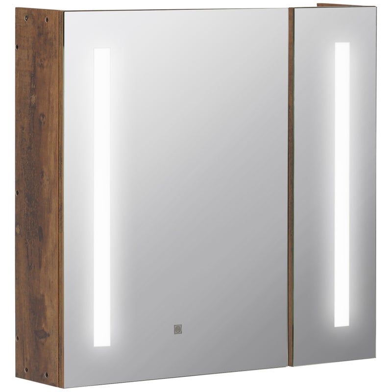 Lustro łazienkowe z regulowanym oświetleniem LED, 2 drzwi i regulowaną półką, 70 x 15 x 65 cm, brązowe