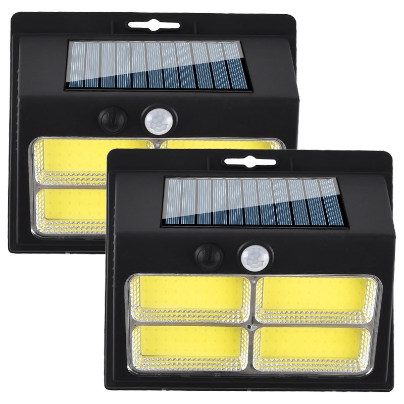Pakiet 2 zewnętrznych lamp solarnych z czujnikiem ruchu, lampy bezpieczeństwa naścienne solarne z 3 trybami do ogrodu, 120 COB