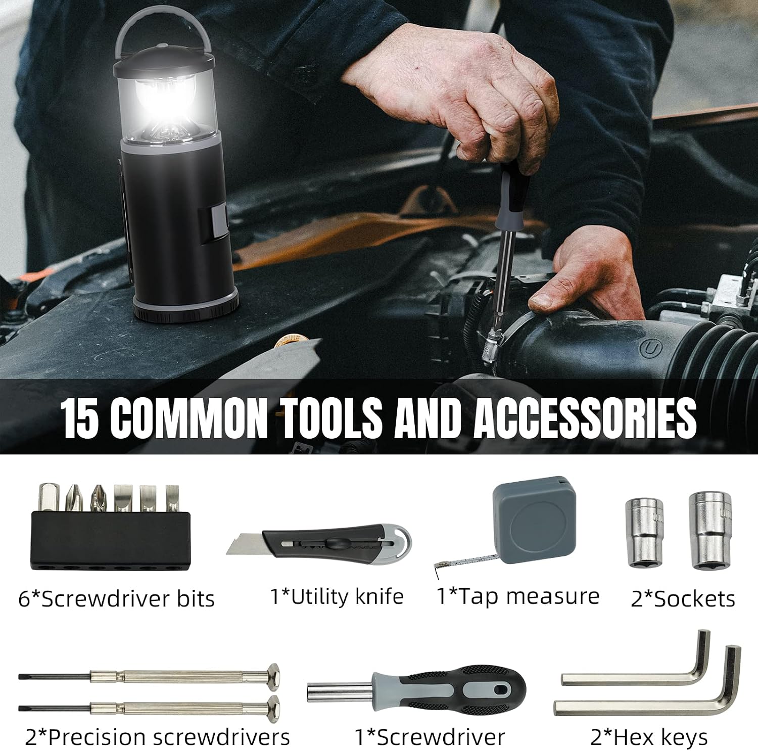 (9,7x9,3x24,5 cm) Lampa kempingowa LED z podstawowym zestawem narzędzi, oświetlenie awaryjne do samochodu, na ryby, na wypadek przerw w dostawie prą