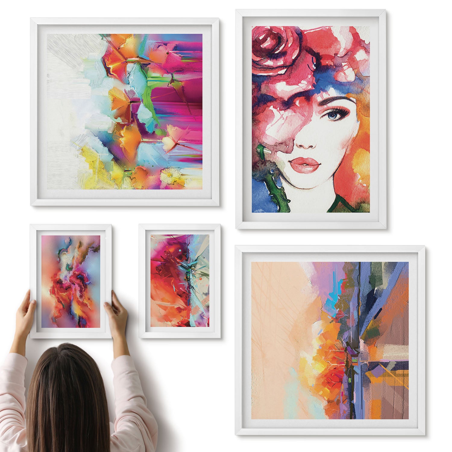 Galeria ścienna 5-częściowy komplet obrazów w białych ramach - Kolorowe portrety i abstrakcyjne kompozycje artystyczne - ArtPrintCave