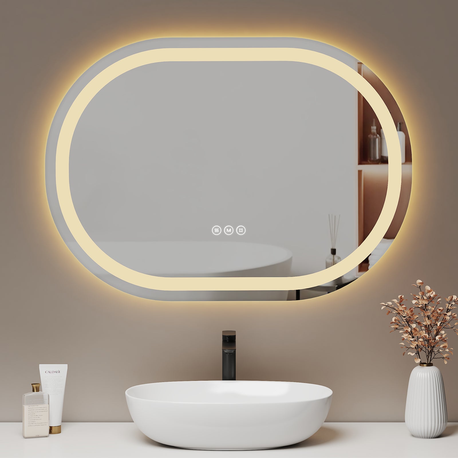 EMKE Owalne Lustro łazienkowe z oświetleniem LED 80x60 cm, z 3 barwy światła, możliwość ściemniania, przeciwmgielne, funkcja pamięci, IP44