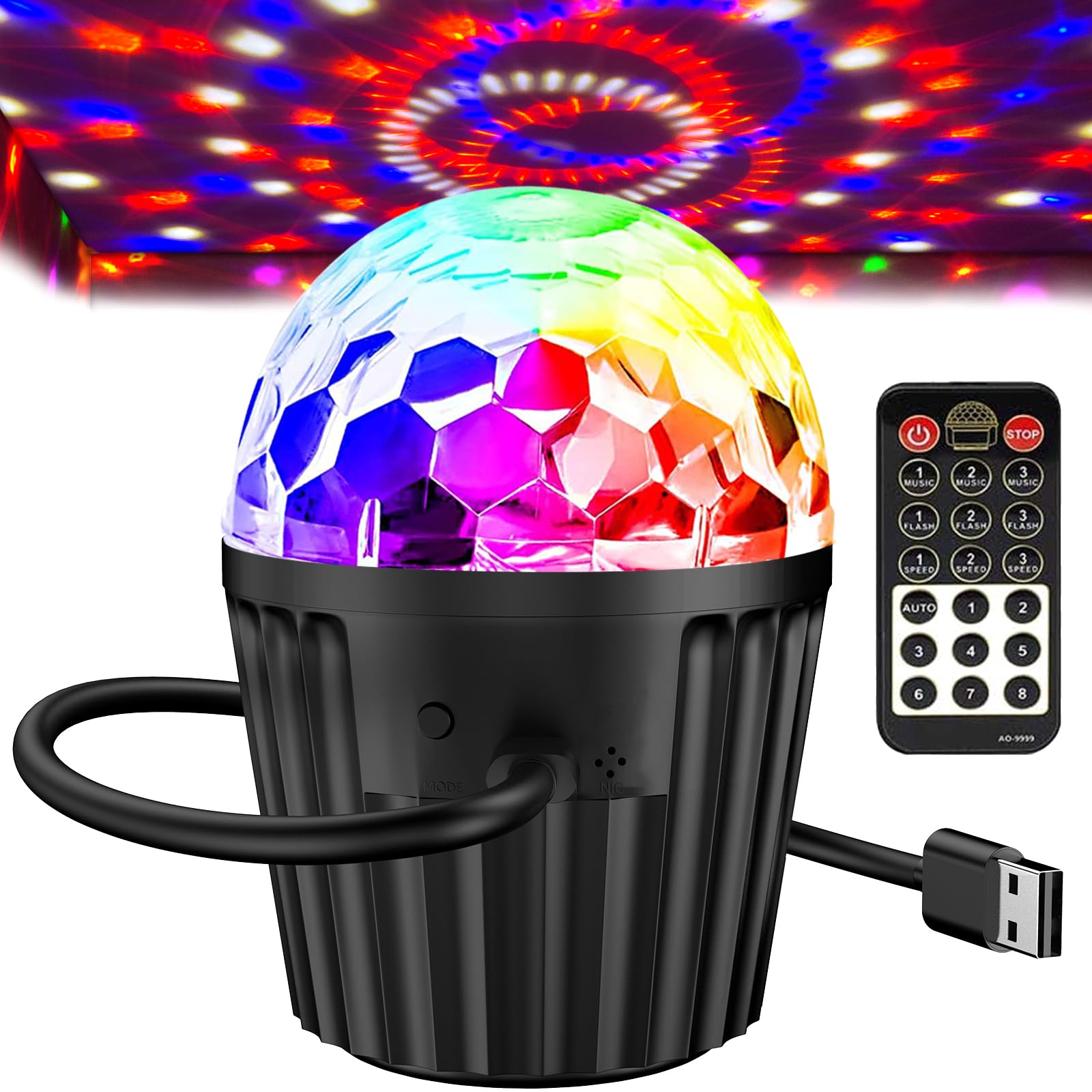 Mini kula dyskotekowa, światło stroboskopowe RGB DJ z pilotem i kablem USB, aktywowane głosem światło sceniczne na Boże Narodzenie, karaoke itp.