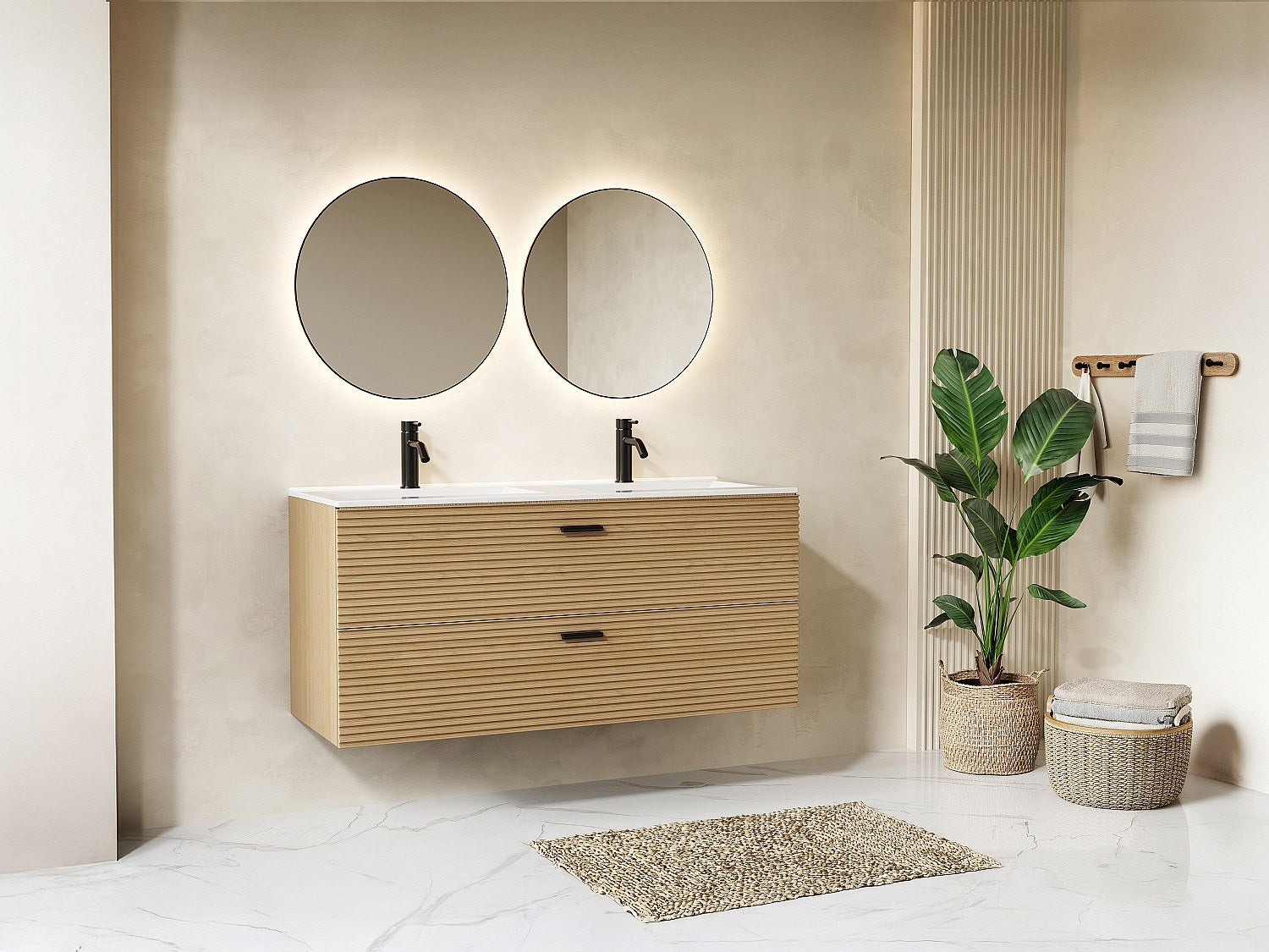 Szafka pod umywalkę na nóżkach z prążkowanym frontem - 2 szuflady - Jasne drewno - 120 cm - SARONE
