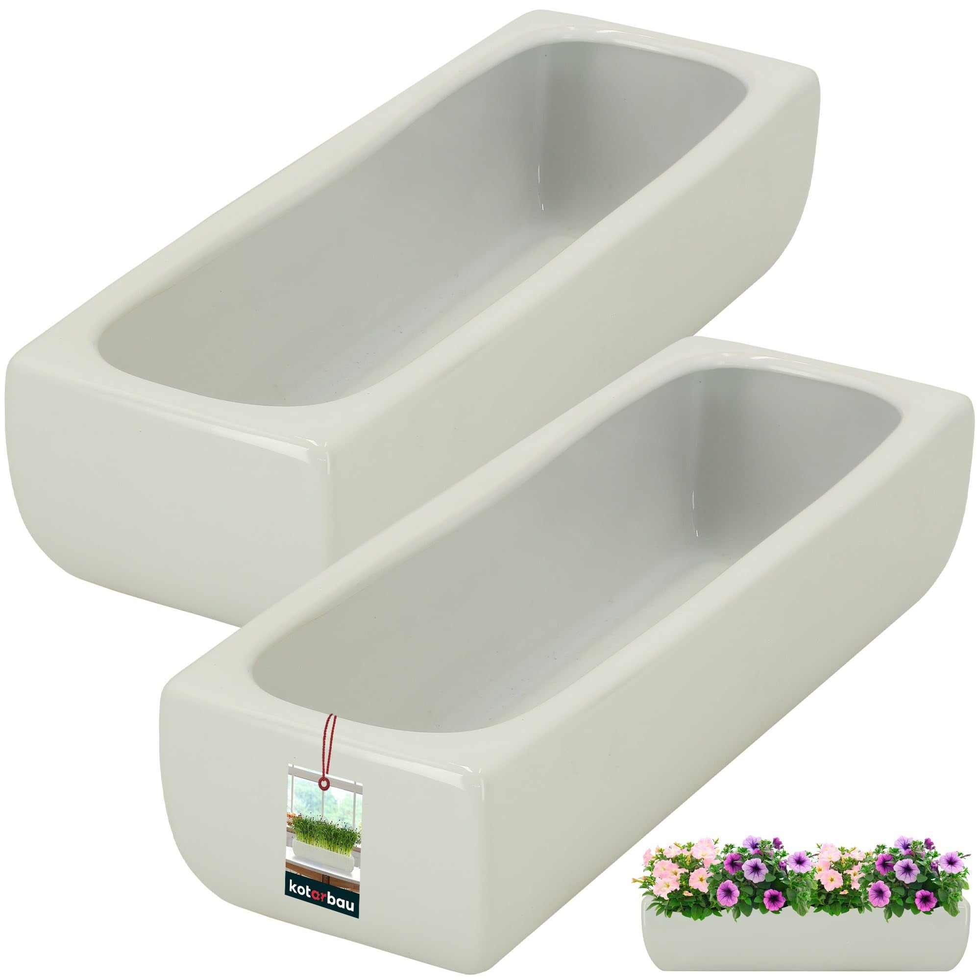 2x doniczka donica ceramiczna szkliwiona biała podłużna kwiaty rośliny 31cm - KOTARBAU