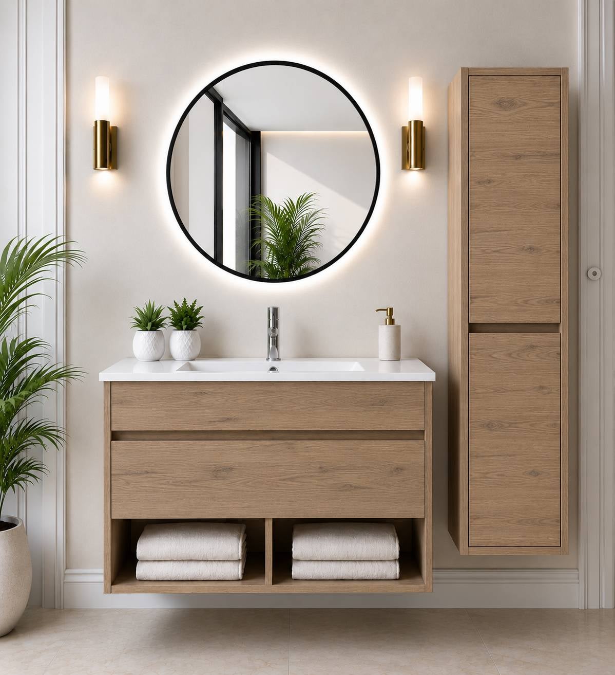Wisząca szafka łazienkowa z umywalką ORIGENBATH NEBARI z szufladą z kolumną 70x45 cm estepa z kolumną