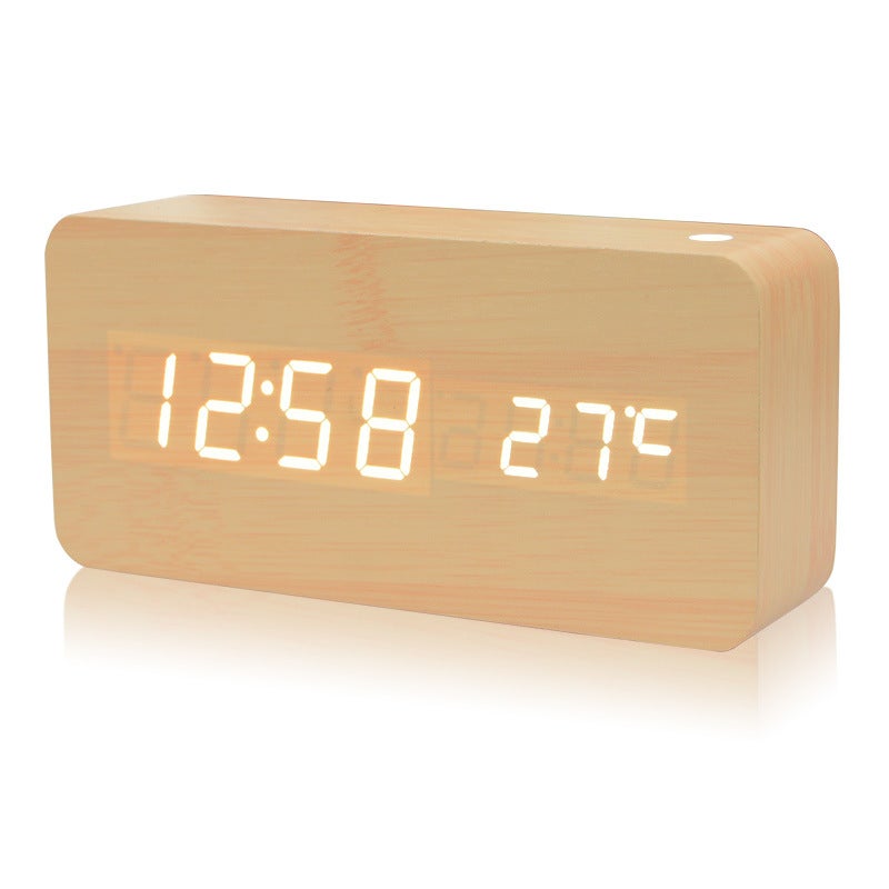Budzik, inteligentny budzik aktywowany głosem, 8 poziomów jasności, lampka nocna LED, cichy budzik, zegar cyfrowy, USB (brązowy)