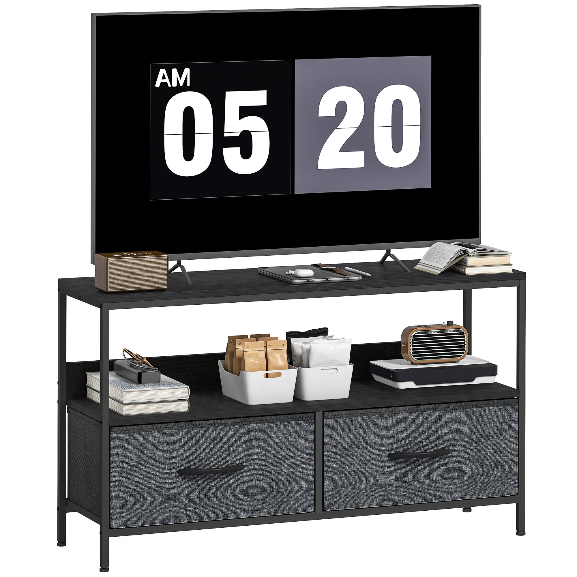 Stojak pod telewizor 47" ze składanymi szufladami z materiału oraz półką z metalu i płyty MDF, 98x29x56 cm, czarny