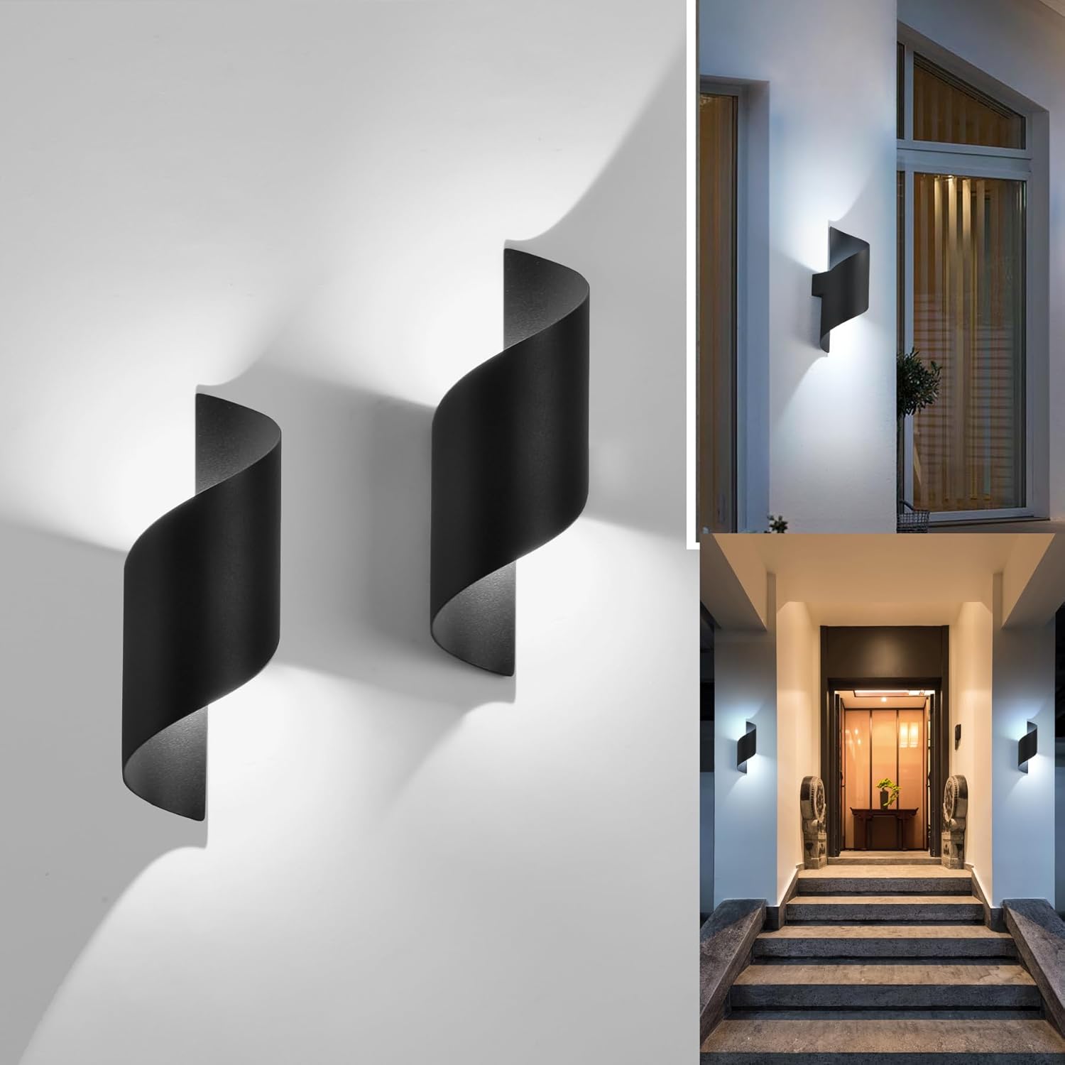 Dwa zestawy 12W zewnętrznych lamp ściennych, lampy ścienne LED, ciepłe światło 3000K, spiralne światło, wodoodporność IP65, białe