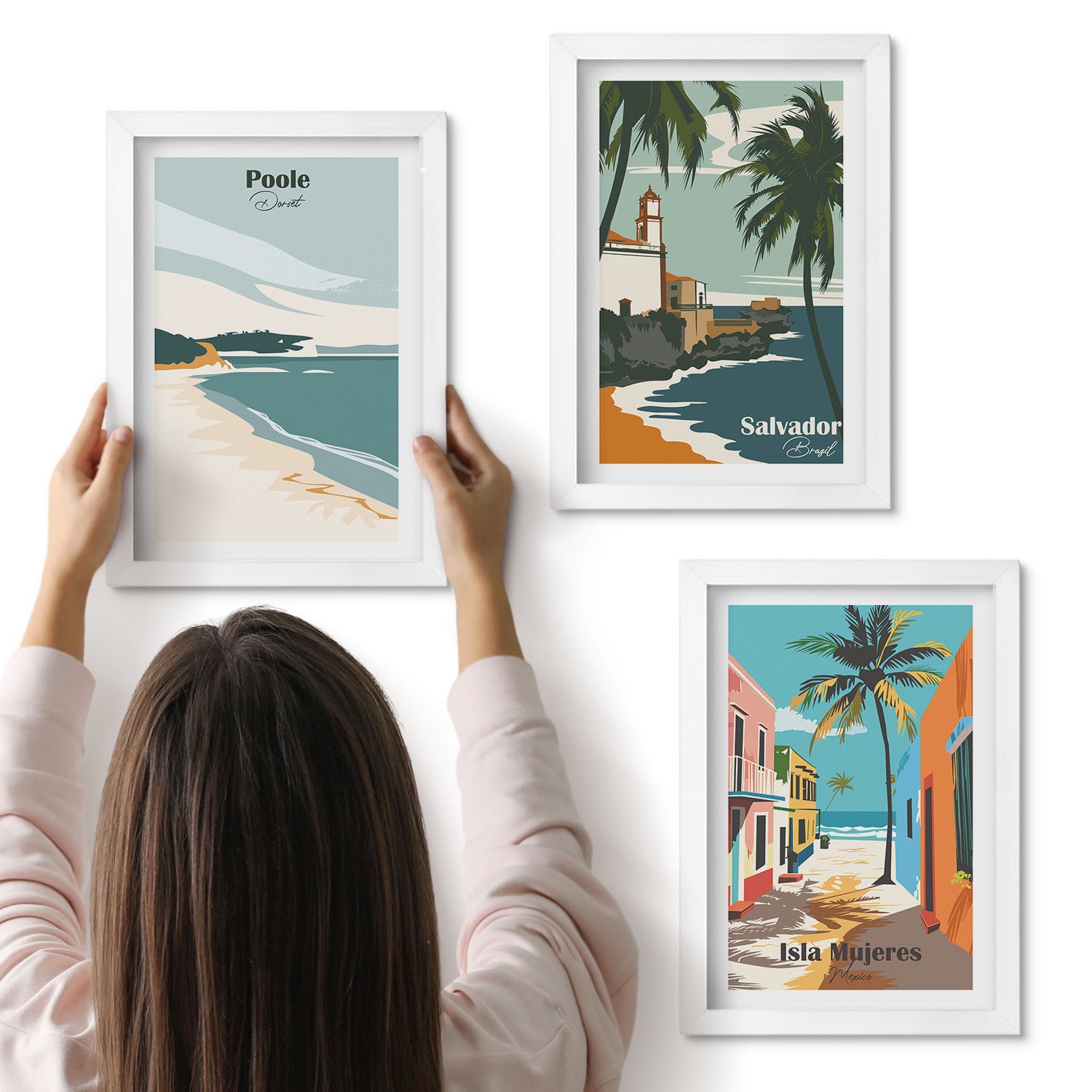 Galeria ścienna 3-częściowy komplet obrazów w białych ramach - Tropikalne krajobrazy z plażami i palmami - ArtPrintCave
