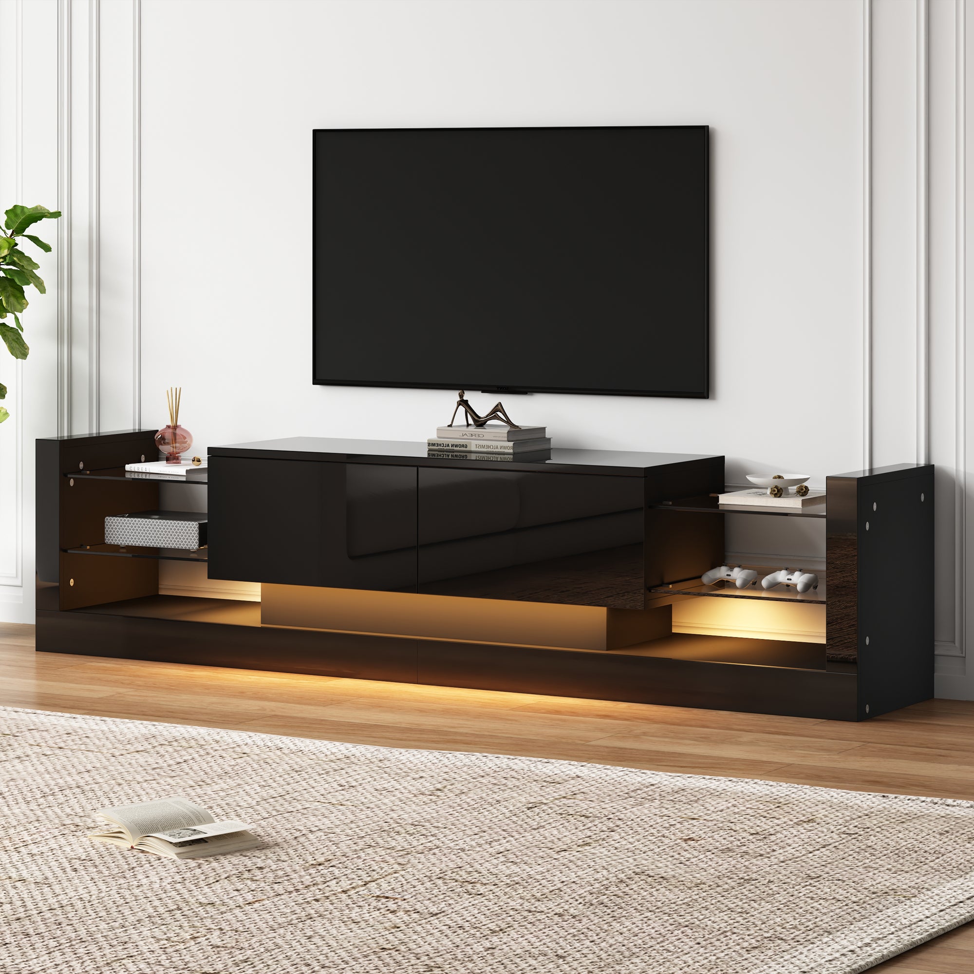 TV-Schrank z LED, 181 cm - na telewizory do 80 cali, szklana fronta, 2 klappane szuflady, czarny