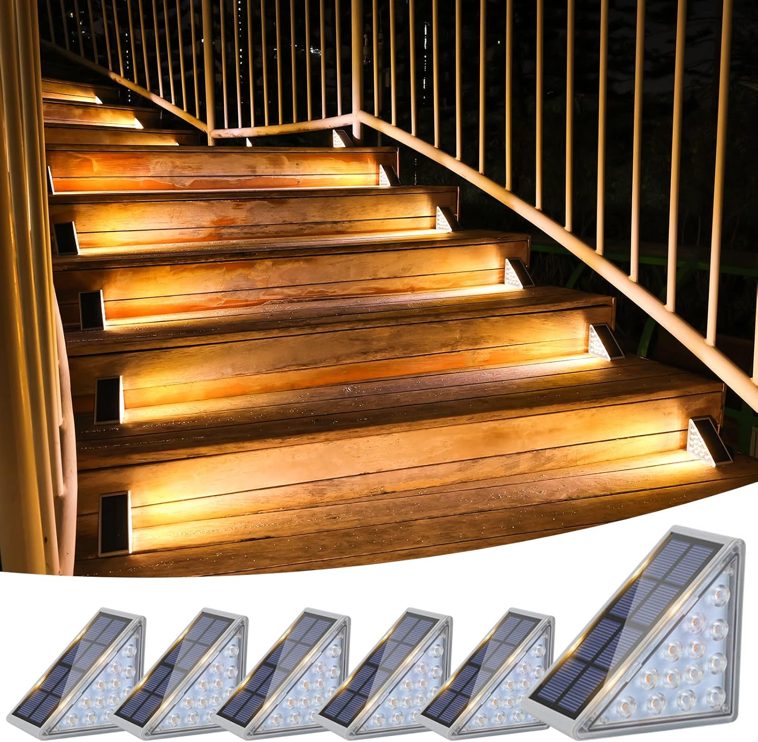 Zestaw 6 solarnych lampek schodowych LED, wodoodpornych, do schodów ogrodowych, na patio, werandę, ciepłe światło
