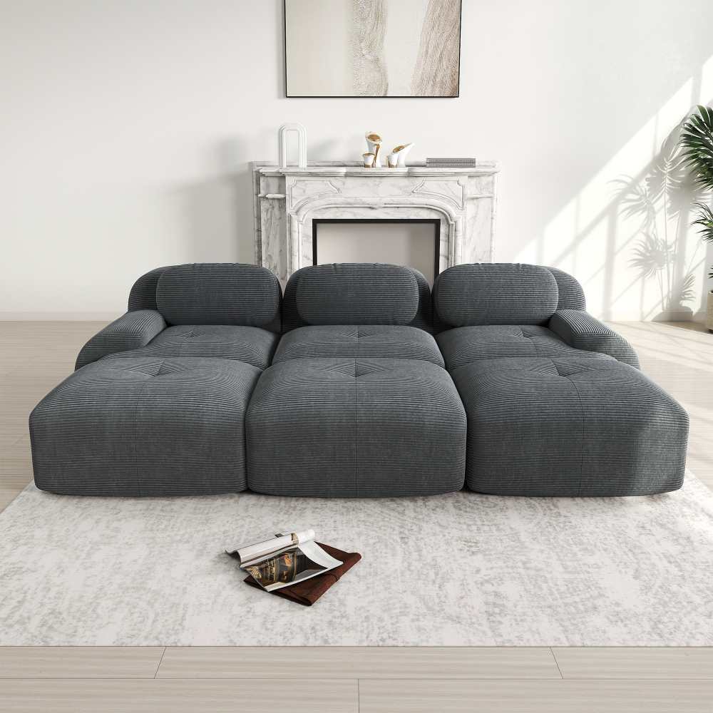 Modułowa sofa 3-osobowa z 3 pufami, dostarczana w stanie rozmontowanym, przyjazna dla zwierząt, szerokie podłokietniki, pianka 32D