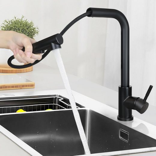 NETTLIFE Bateria umywalkowa, wyciągana bateria umywalkowa ze stali nierdzewnej z obrotem 360° i 2 rodzajami natrysku