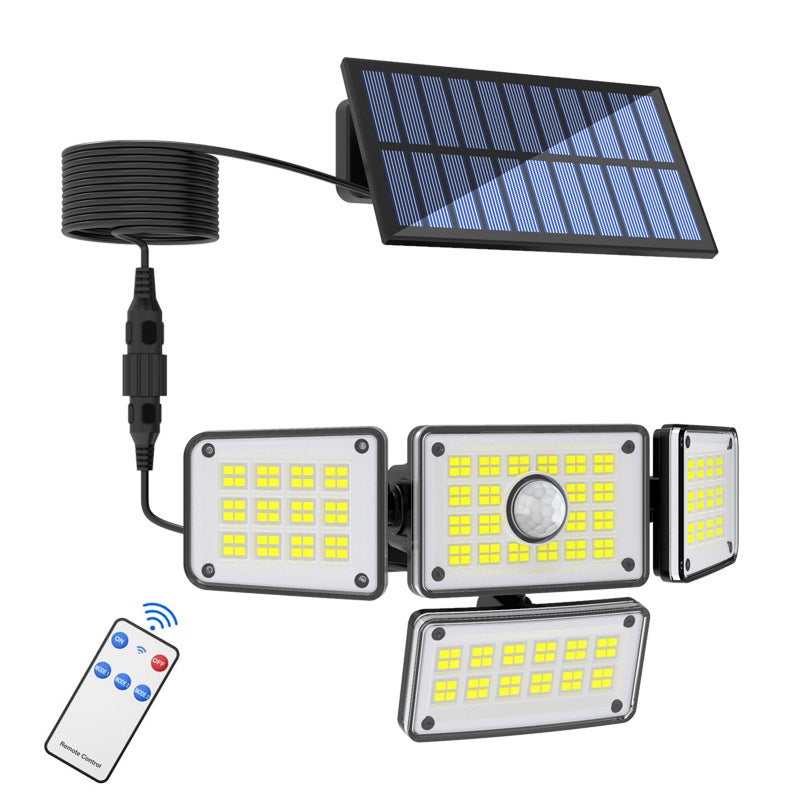 Lampy solarne do użytku zewnętrznego, 224 LED 3000 lm z czujnikiem ruchu, wodoodporne IP65, 4 głowice, solarne światło bezpieczeństwa, 3 tryby