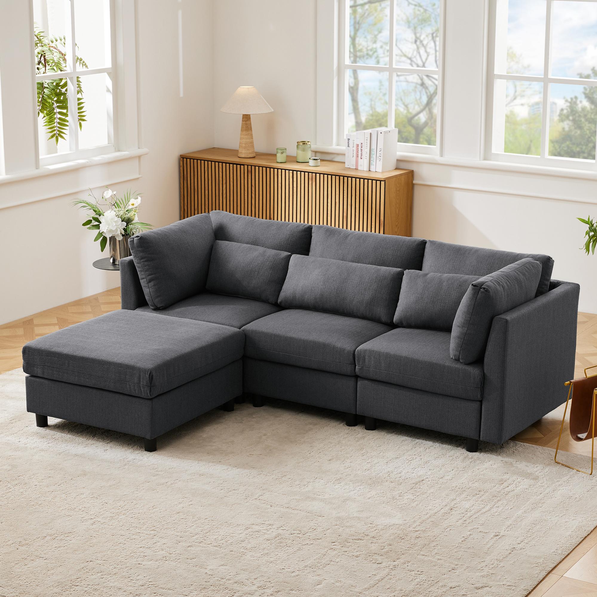 Nowoczesna sofa 3-osobowa z narożnikiem w kształcie L, ergonomiczne poduszki i mobilna podnóżka – komfortowa