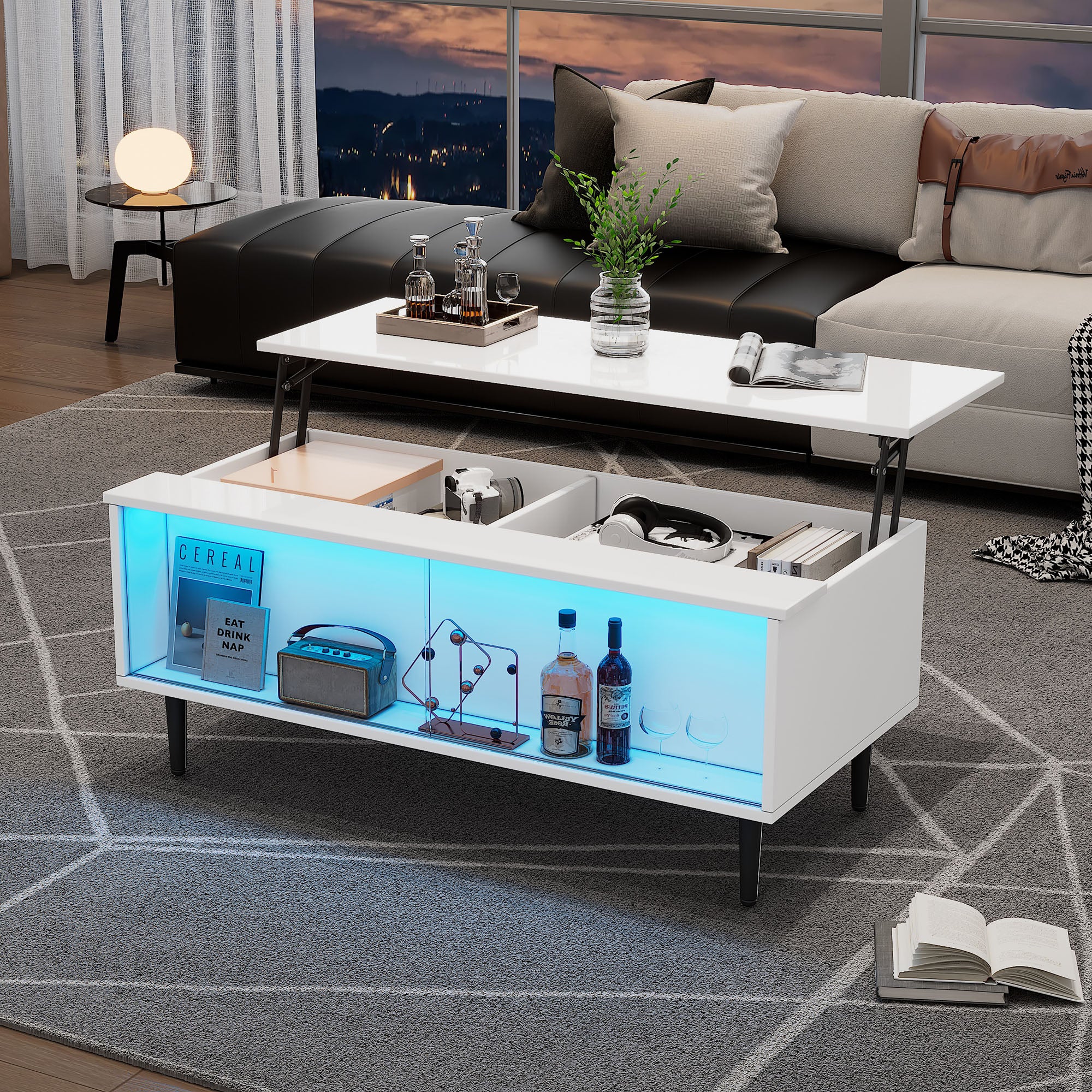 Stolik kawowy 105 x 50 x 43 cm Stolik kawowy z regulacją wysokości z ukrytym schowkiem, stolik do salonu z oświetleniem LED