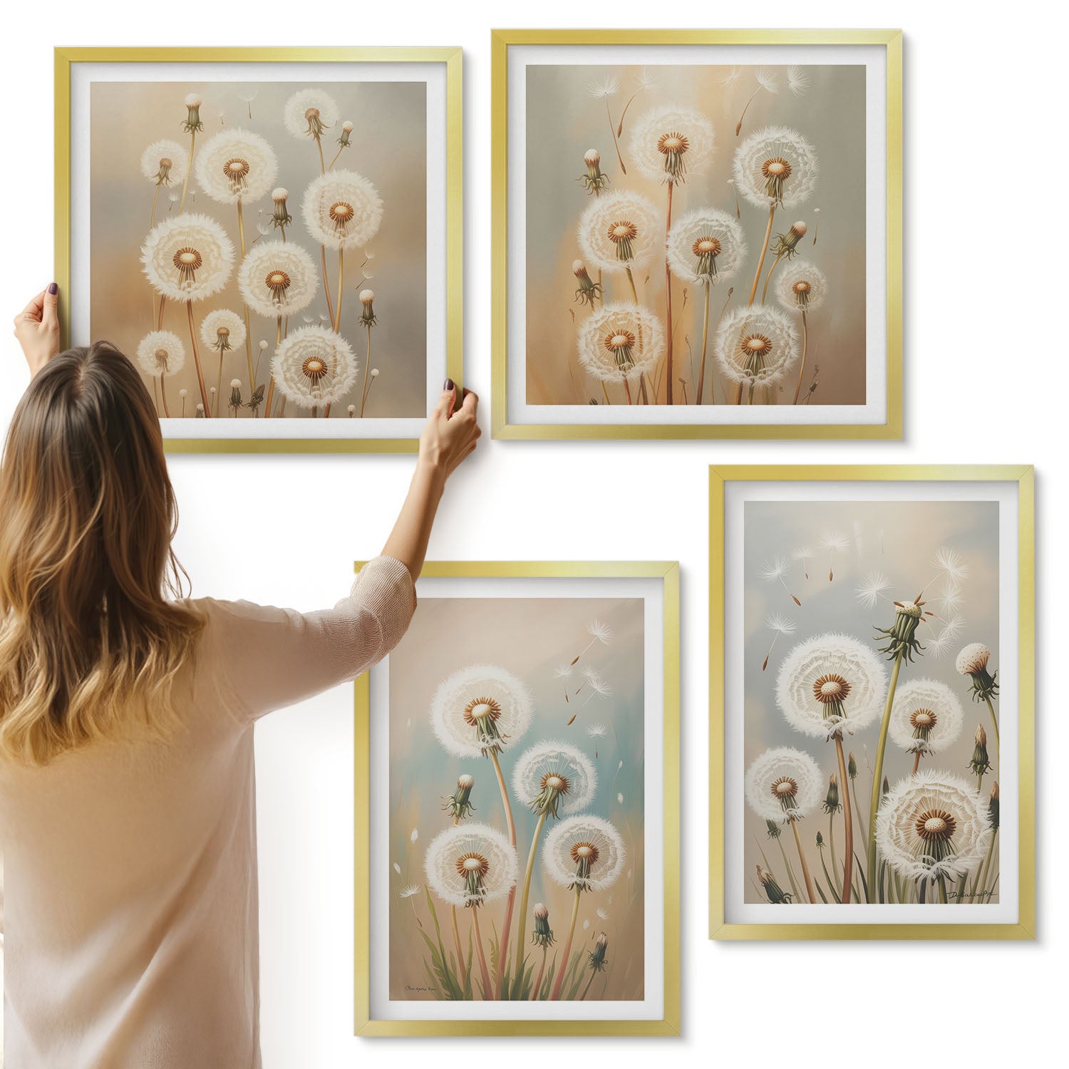 Galeria ścienna 4-częściowy komplet obrazów w złotych ramach - Kwiaty dmuchawców na tle pastelowych kolorów - ArtPrintCave