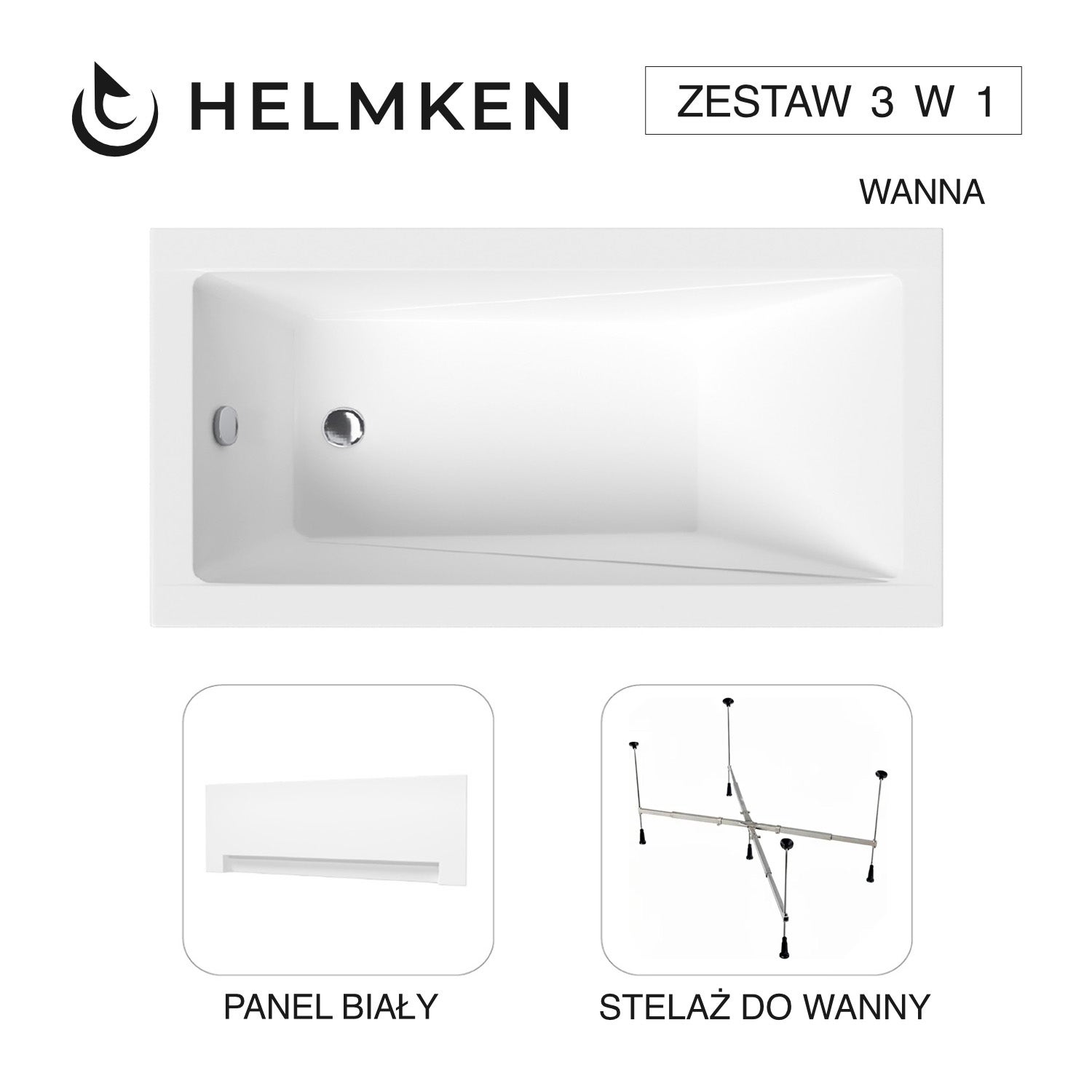 Wanna akrylowa Helmken Rivana 140 х 70 + Panel Biały + Stelaż uniwersalny do wanien Helmken 21230020 / 23095003-3S