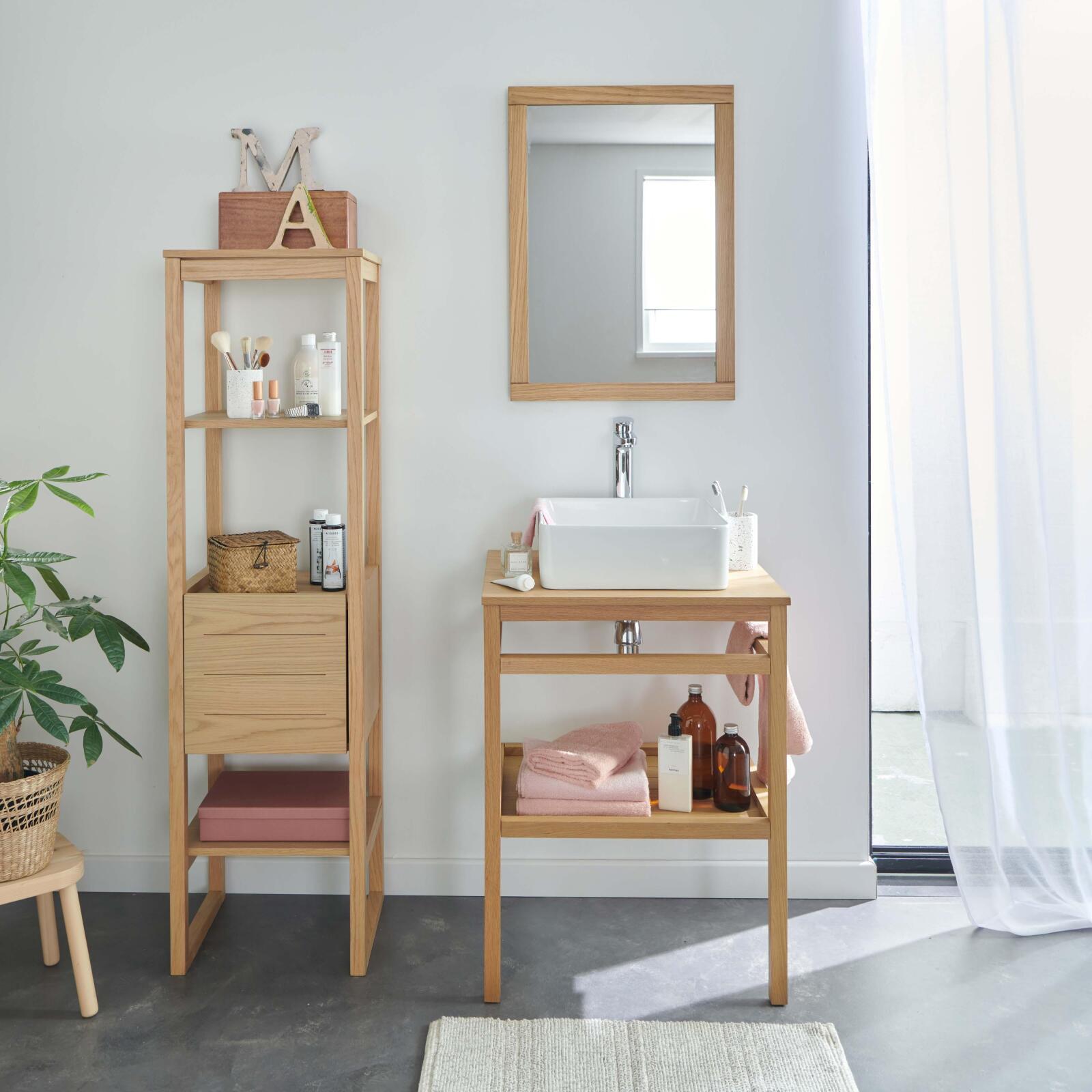 Szafka 60cm dąb, kwadratowa umywalka, bateria, lustro, słupek HOPP