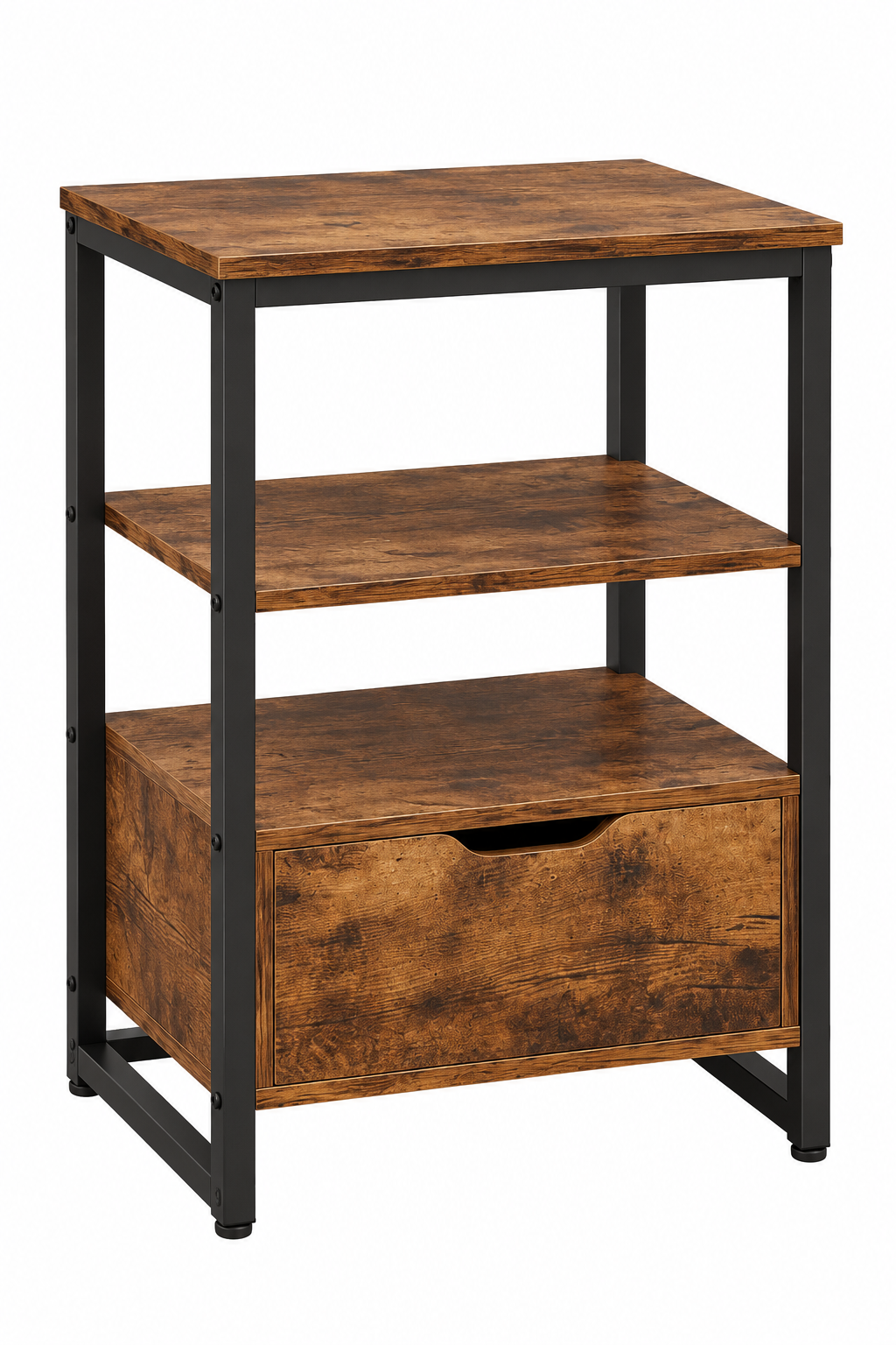 Stolik nocny ciemny brąz 39,5 cm z szufladą i 2 półkami loft