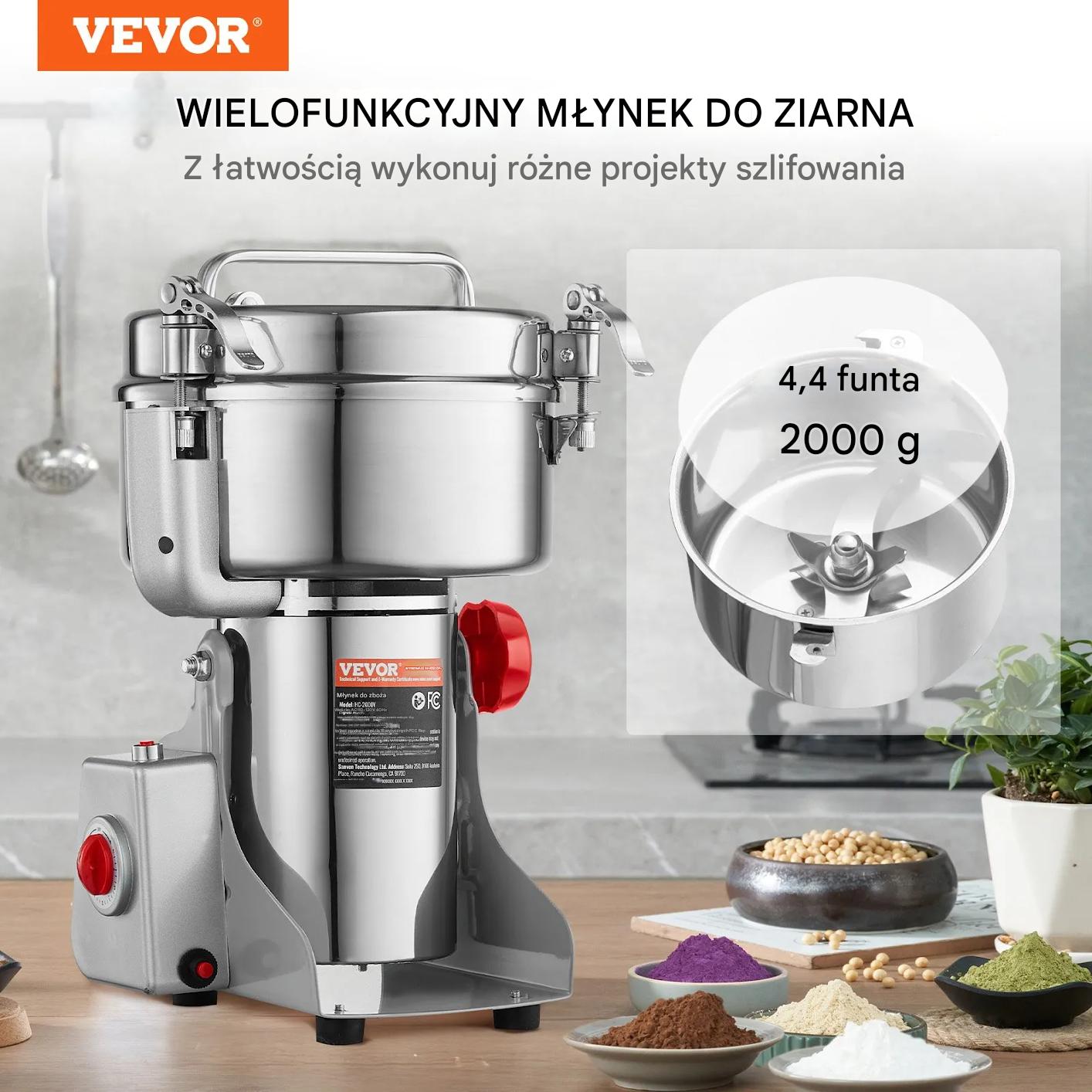 Młynek elektryczny 2000g 3400W do zbóż i przypraw stalowy swing