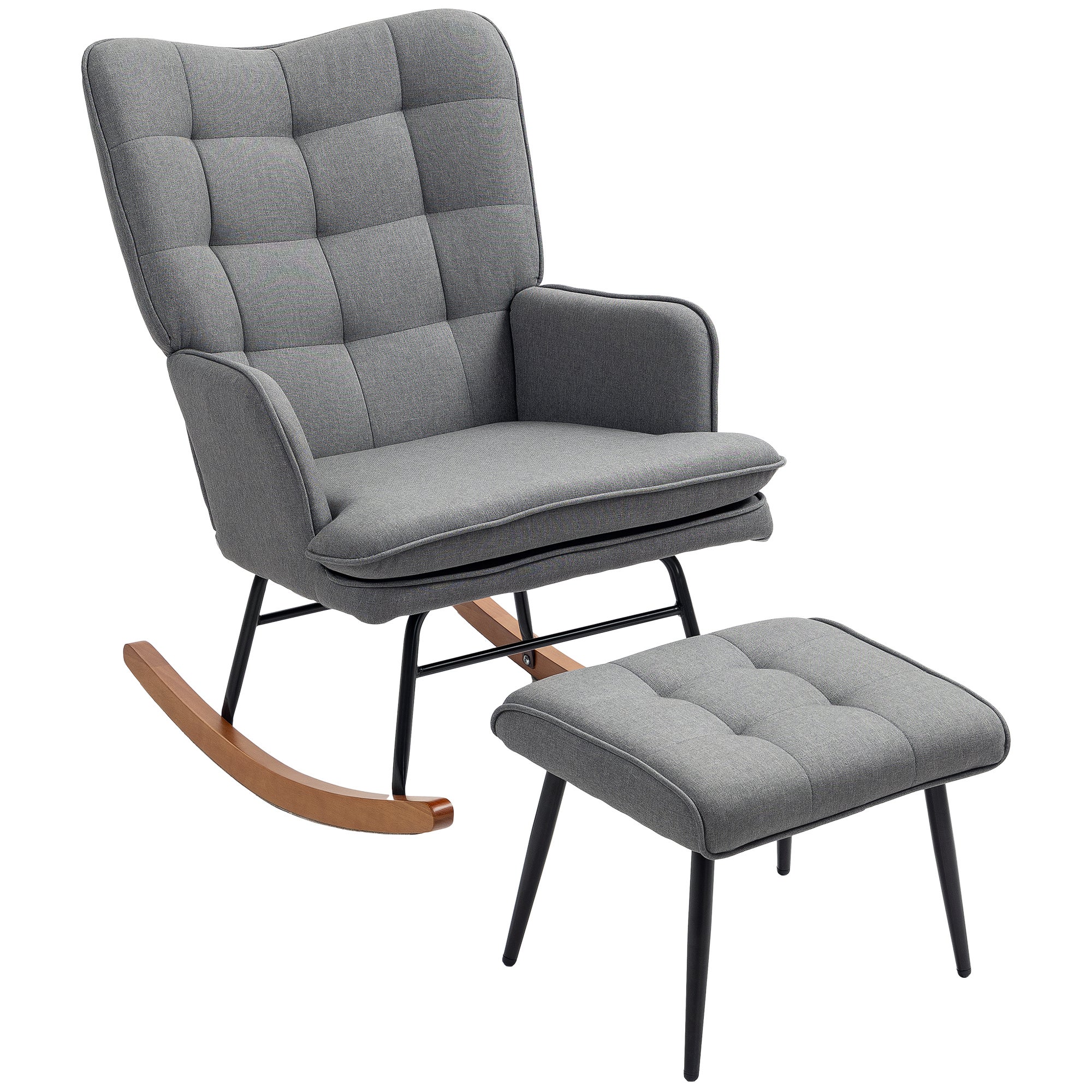 Fotel bujany z podnóżkiem. Wygodny. Do 130 kg. Imitacja lnu. 64x89x90 cm. Ciemnoszary.