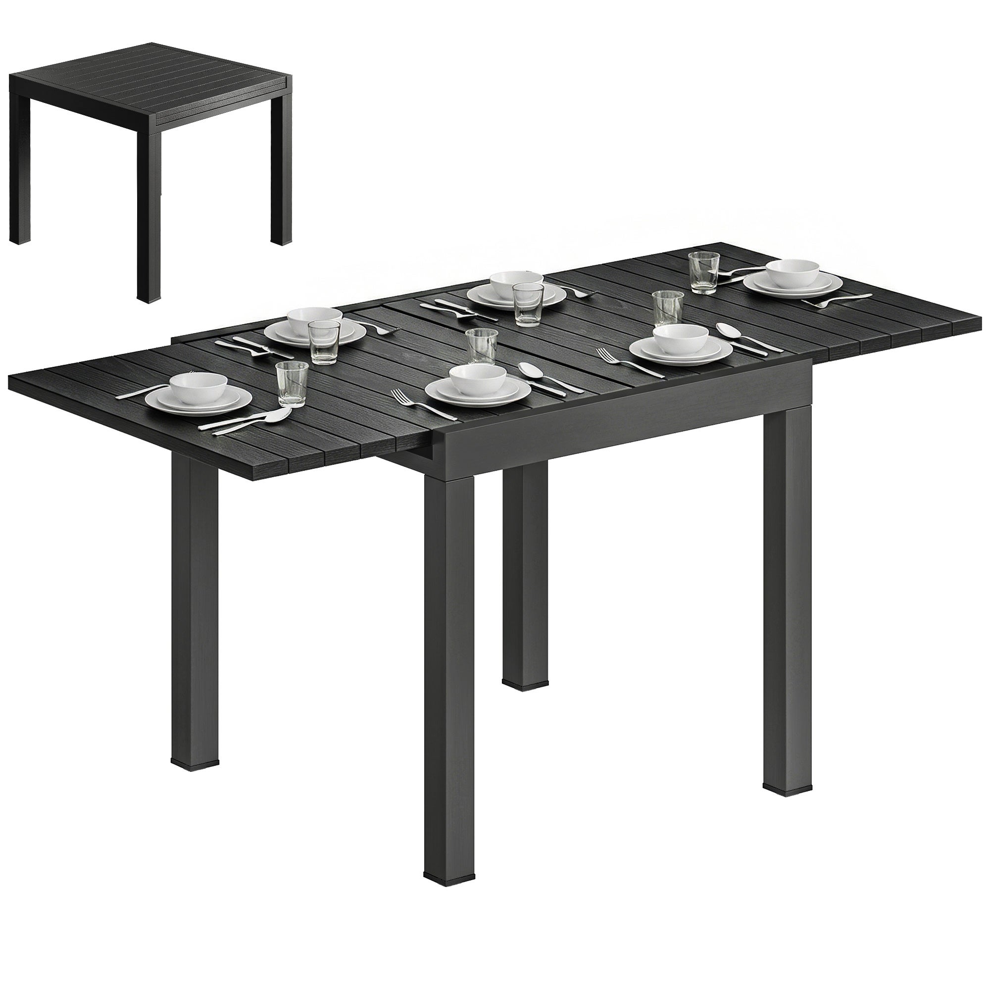 Rozkładany stół ogrodowy 80/160 cm dla 4-6 osób, aluminiowy z blatem listwowym, imitacja drewna, czarny