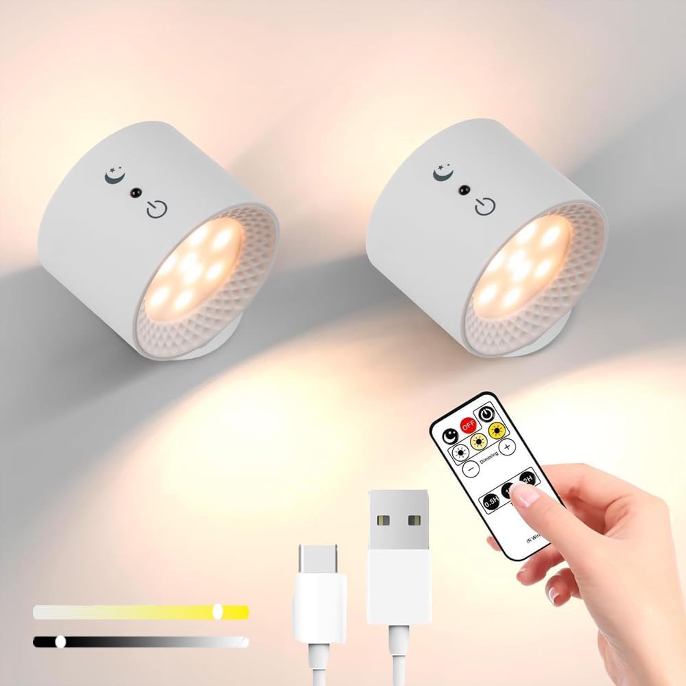Lampa ścienna ładowana przez USB, obrót o 360°, oświetlenie dwustronne, 3 temperatury barwowe (biała, 2 sztuki w opakowaniu)