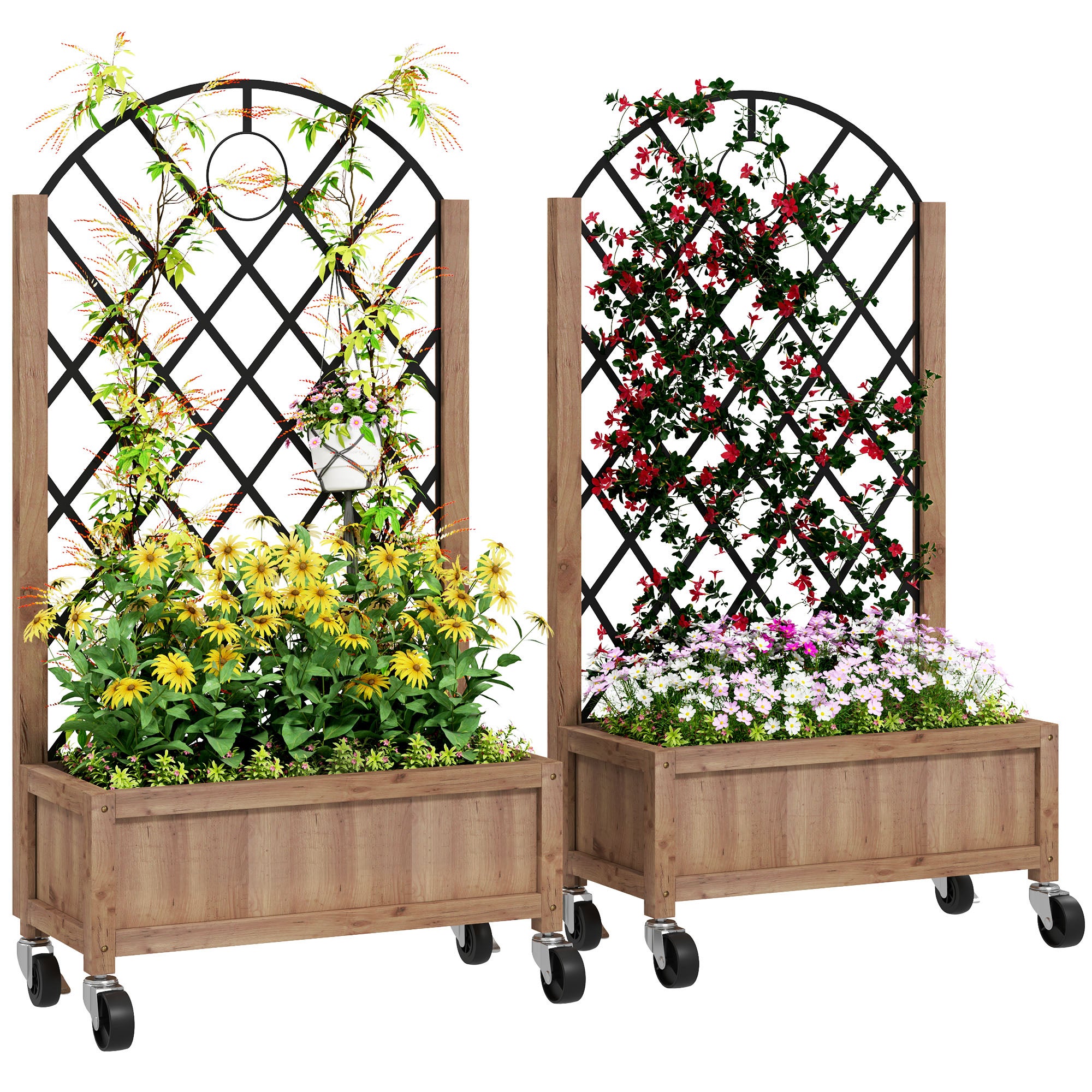 Zestaw 2 podwyższona grządka Donice z kółkami, kratka, Espalier skrzynki na rośliny Drewniany skrzynki na kwiaty 52 x 25x97cm Brązowy