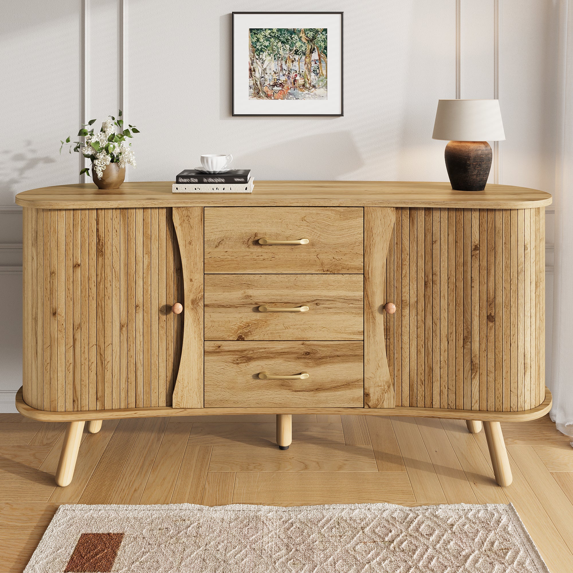 Komoda z 2 drzwiami przesuwnymi i 3 szufladami - 150 x 36,5 x 75 cm - Płyta MDF - Nogi z litego drewna - Wygląd drewna - Naturalny