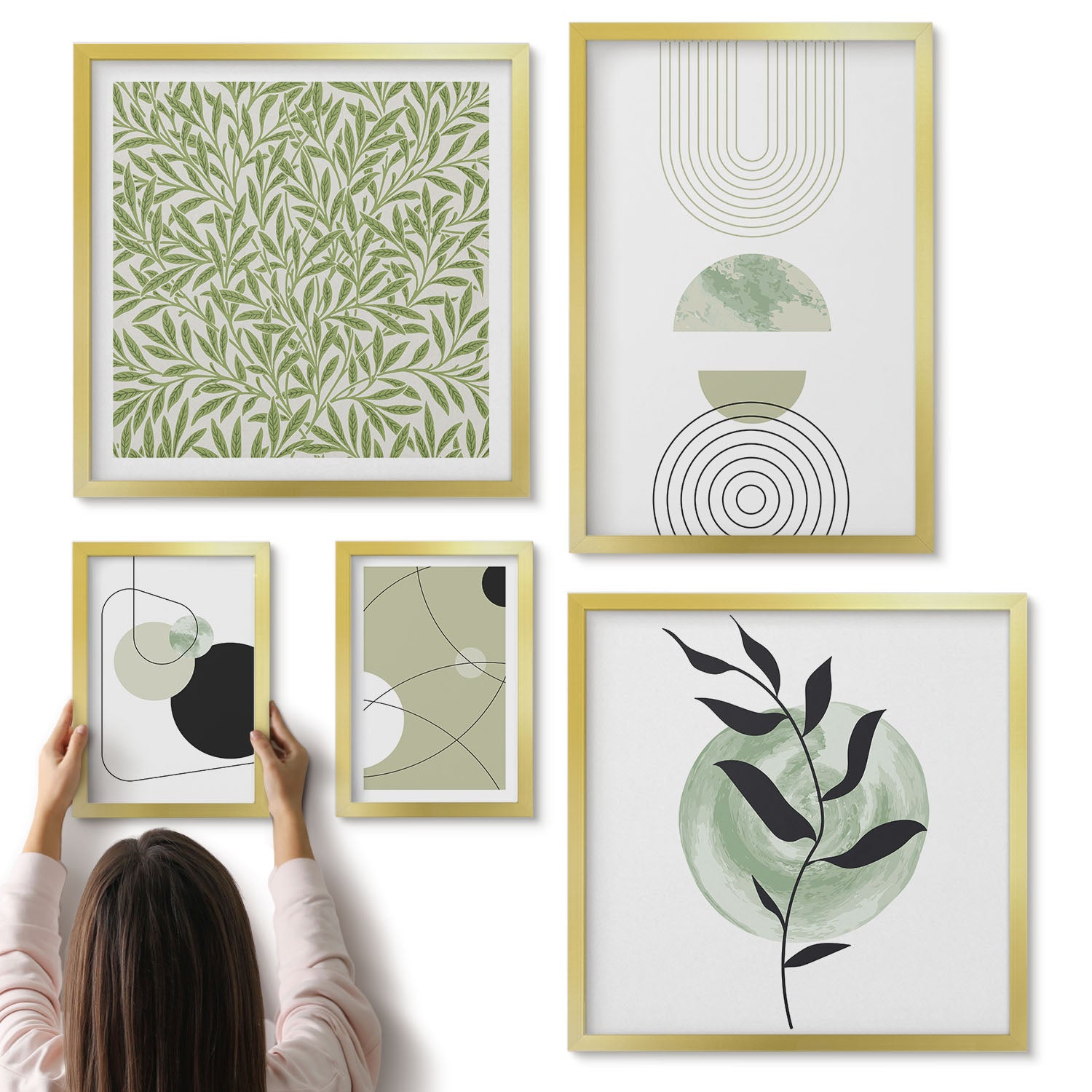 Galeria ścienna 5-częściowy komplet obrazów w złotych ramach - Abstrakcyjne kompozycje z geometrycznymi kształtami i roślinnością - ArtPrintCave
