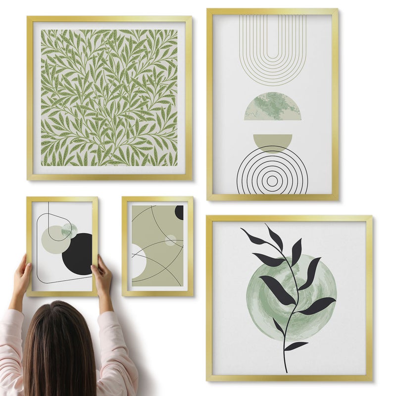 Galeria ścienna 5-częściowy komplet obrazów w złotych ramach - Abstrakcyjne kompozycje z geometrycznymi kształtami i roślinnością - ArtPrintCave