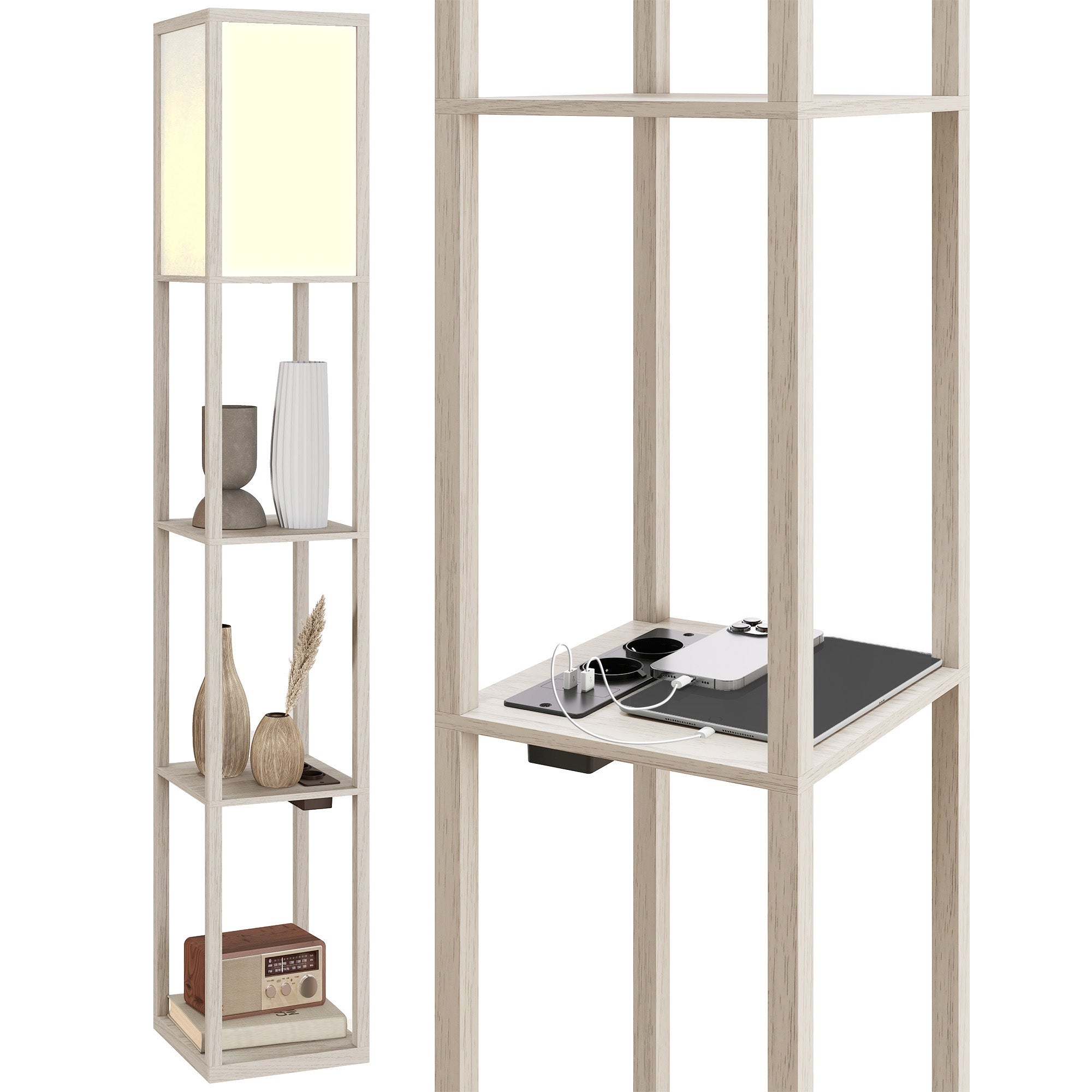 Lampa podłogowa z półkami, ściemnialnym oświetleniem, włącznikiem nożnym i portami USB, kolor biały i dębowy