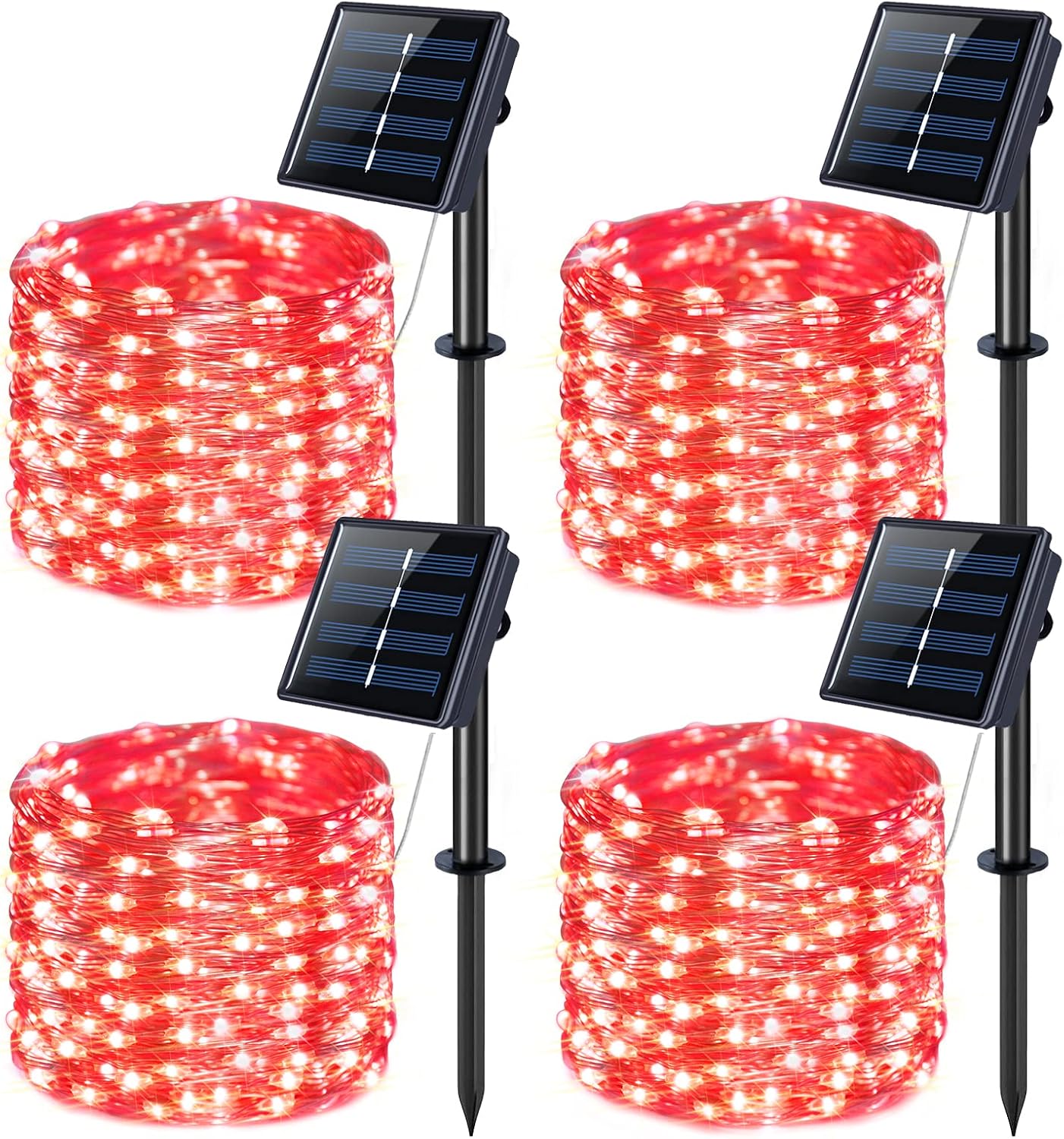 (4 sztuki) Lampki solarne, wodoodporne, 12 metrów, 100 diod LED, 8 trybów, odpowiednie do ogrodów, czerwone.