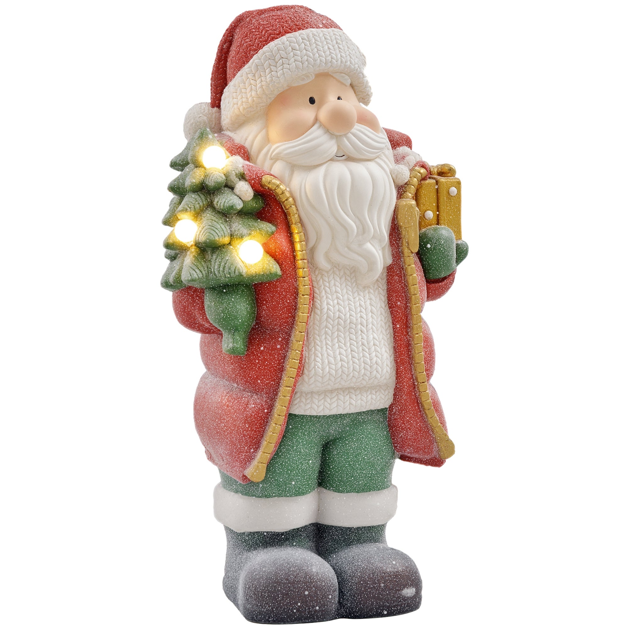 Figurka Świętego Mikołaja z choinką i prezentem, 3 ciepłe białe diody LED, zasilana bateriami, 50 cm