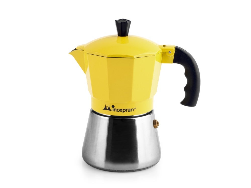 Cafeteira Inoxpran de alumÃnio com 3 xÃcaras e caldeira de aÃ§o inoxidÃ¡vel, amarela.
