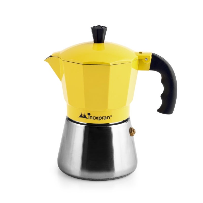 Cafeteira Inoxpran de alumÃnio com 3 xÃcaras e caldeira de aço inoxidável, amarela.