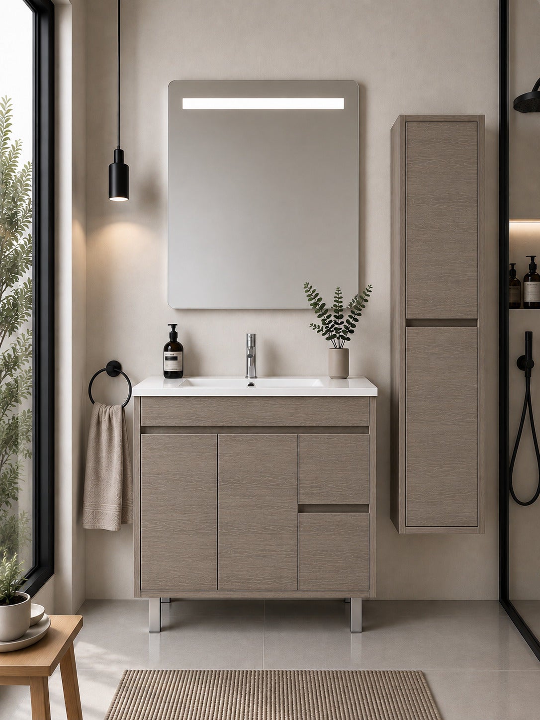 Szafka łazienkowa z umywalką ORIGENBATH ISQUIA bez lustra 90x40 cm dąb smoky z kolumną